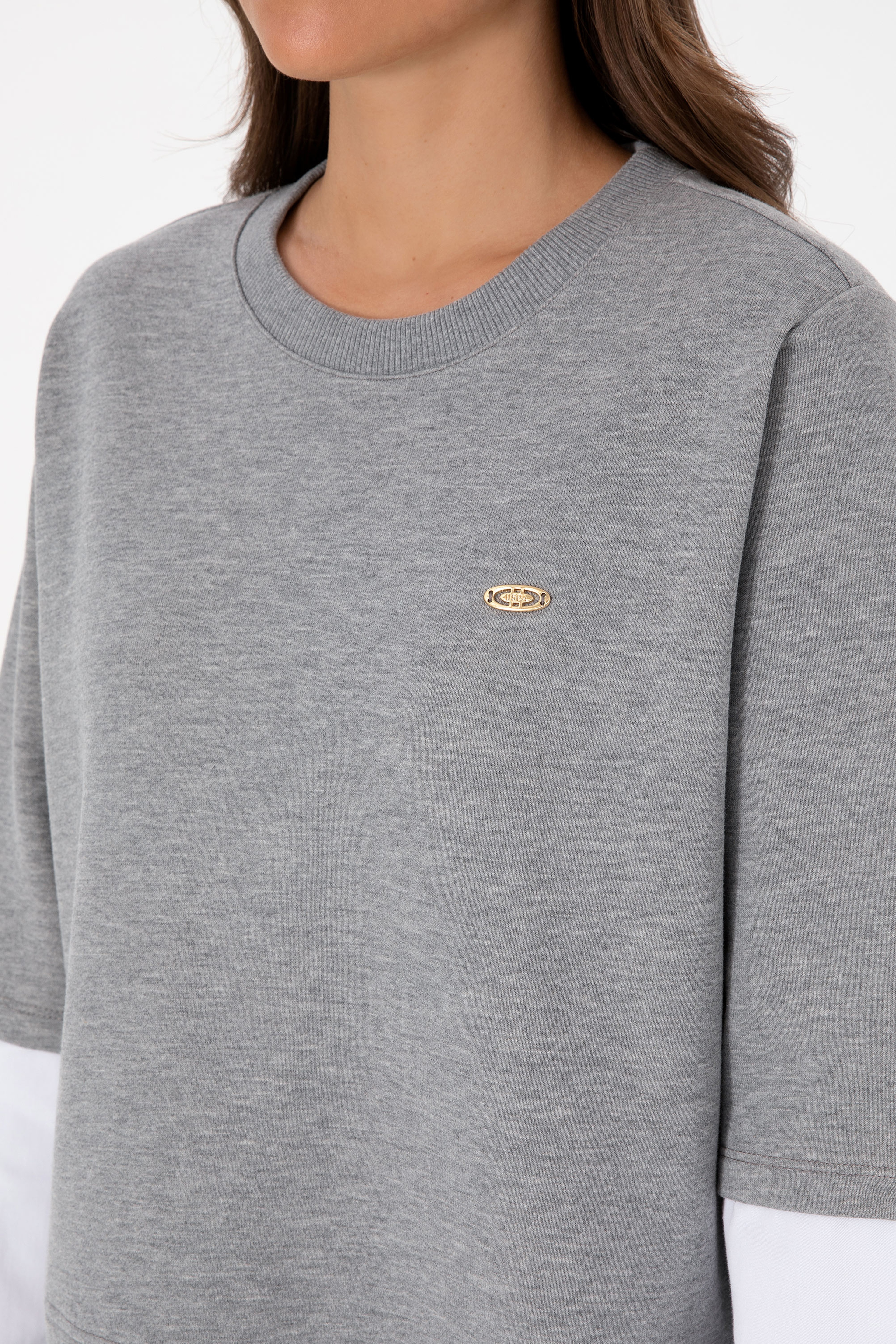 Kadın Gri Melanj Gömlek Detaylı Bisiklet Yaka Sweatshirt - Image 7