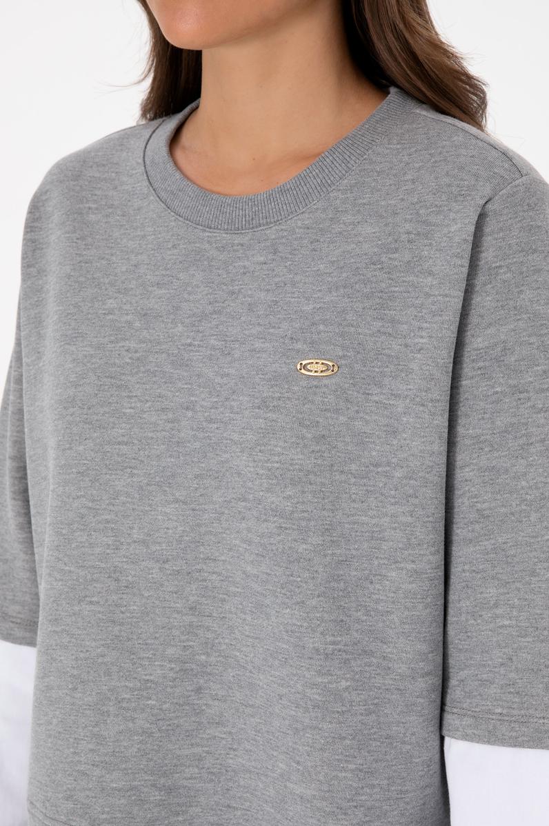 Kadın Gri Melanj Gömlek Detaylı Bisiklet Yaka Sweatshirt