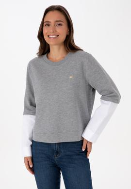 Kadın Gri Melanj Gömlek Detaylı Bisiklet Yaka Sweatshirt - 50315303009