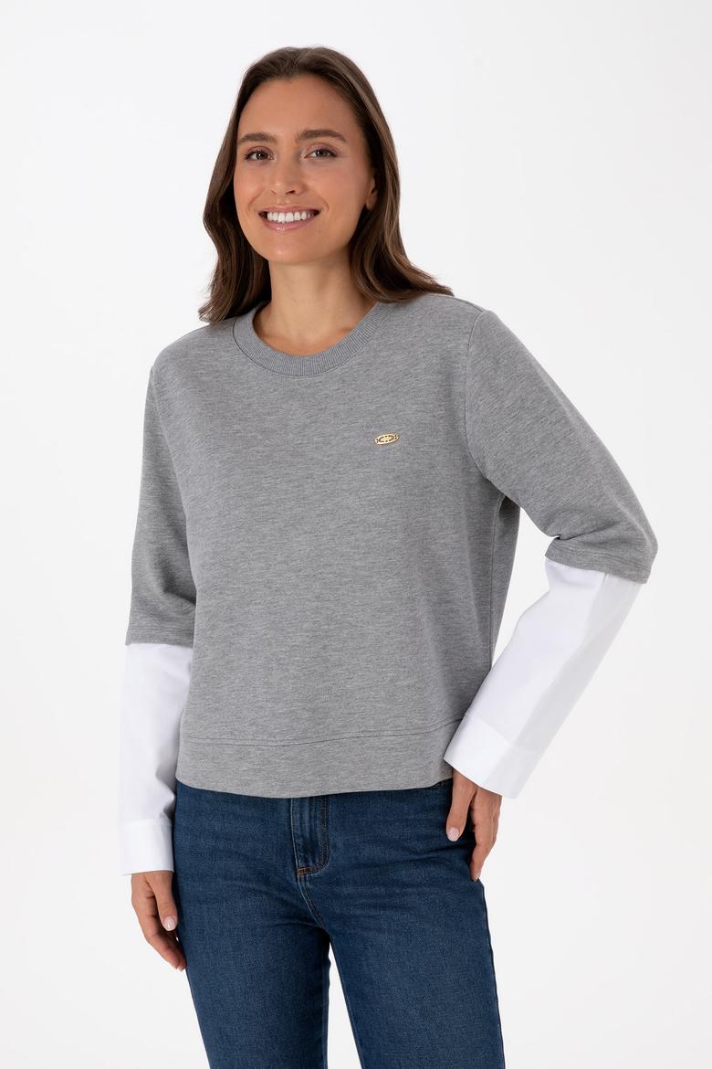 Kadın Gri Melanj Gömlek Detaylı Bisiklet Yaka Sweatshirt