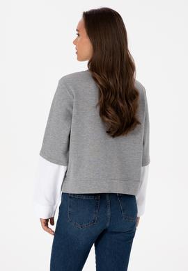 Kadın Gri Melanj Gömlek Detaylı Bisiklet Yaka Sweatshirt - 50315303009