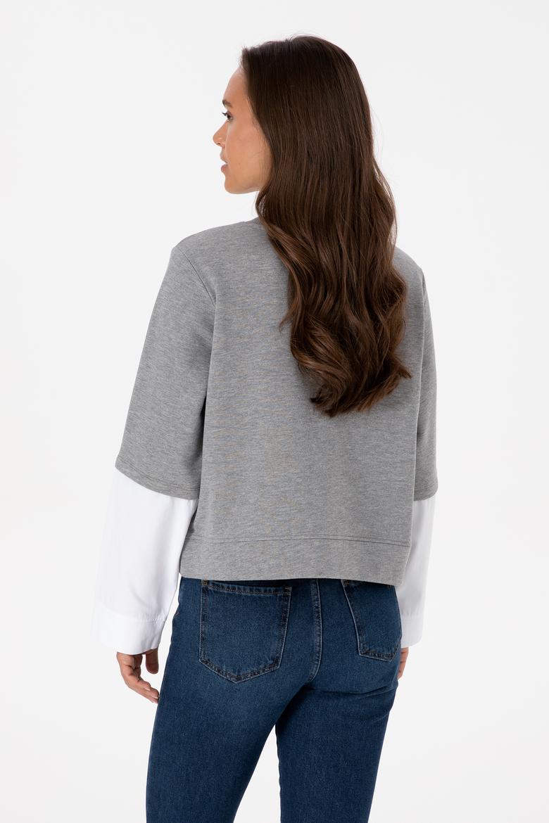 Kadın Gri Melanj Gömlek Detaylı Bisiklet Yaka Sweatshirt - 50315303009