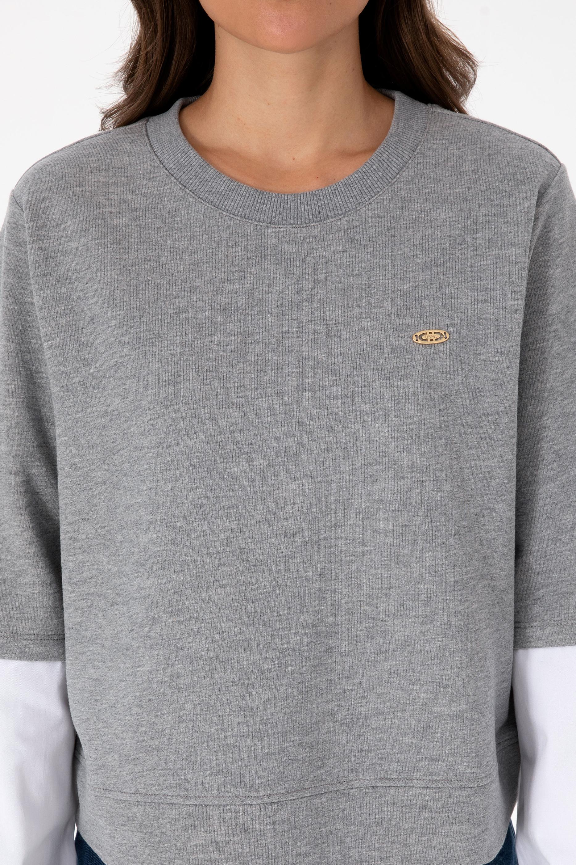 Kadın Gri Melanj Gömlek Detaylı Bisiklet Yaka Sweatshirt