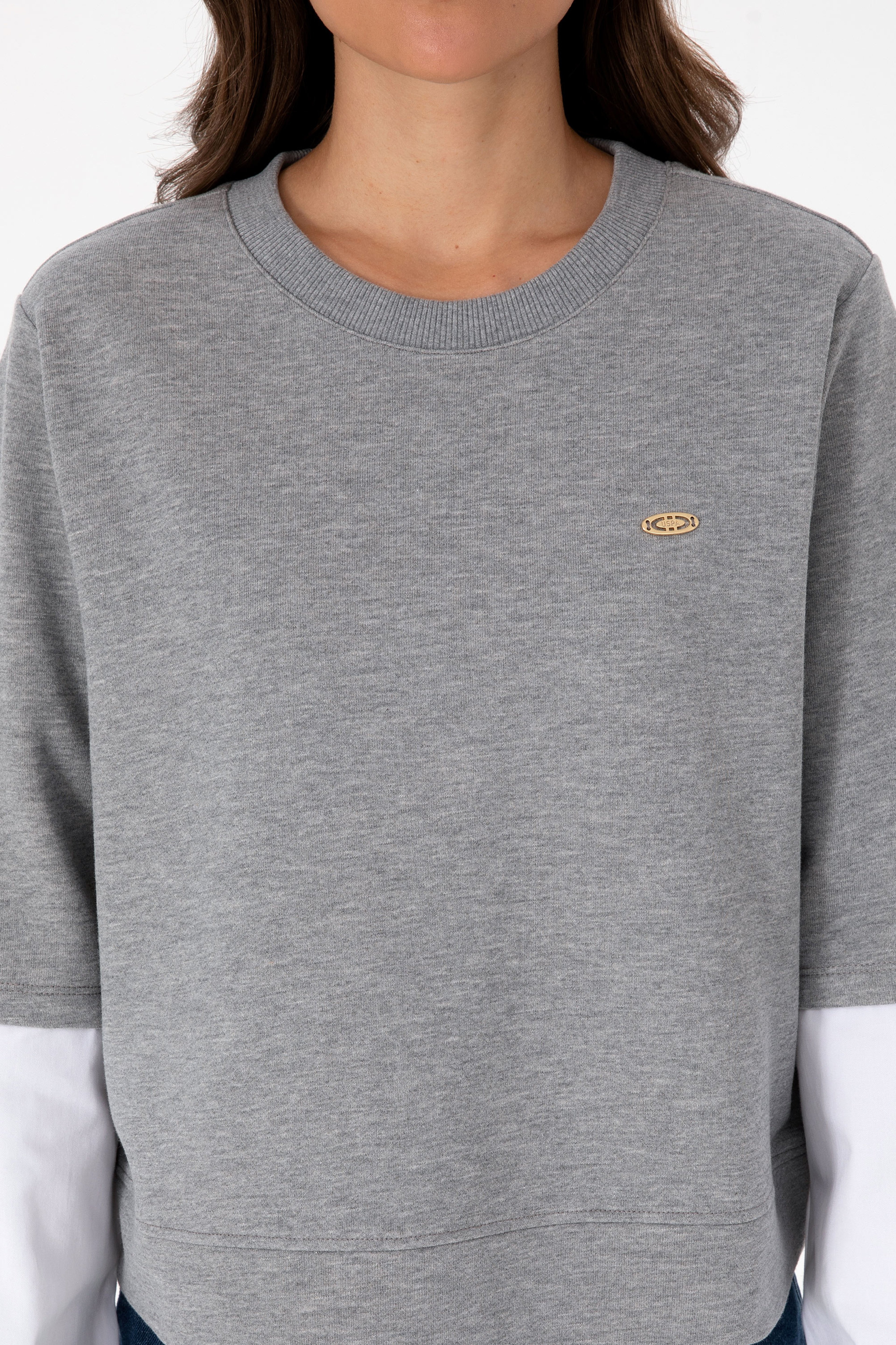 Kadın Gri Melanj Gömlek Detaylı Bisiklet Yaka Sweatshirt - Image 6