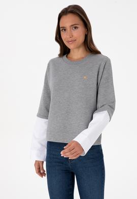 Kadın Gri Melanj Gömlek Detaylı Bisiklet Yaka Sweatshirt - 50315303009