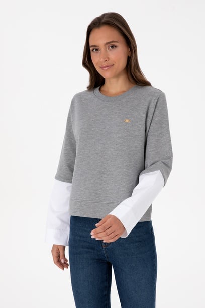 Kadın Gri Melanj Gömlek Detaylı Bisiklet Yaka Sweatshirt