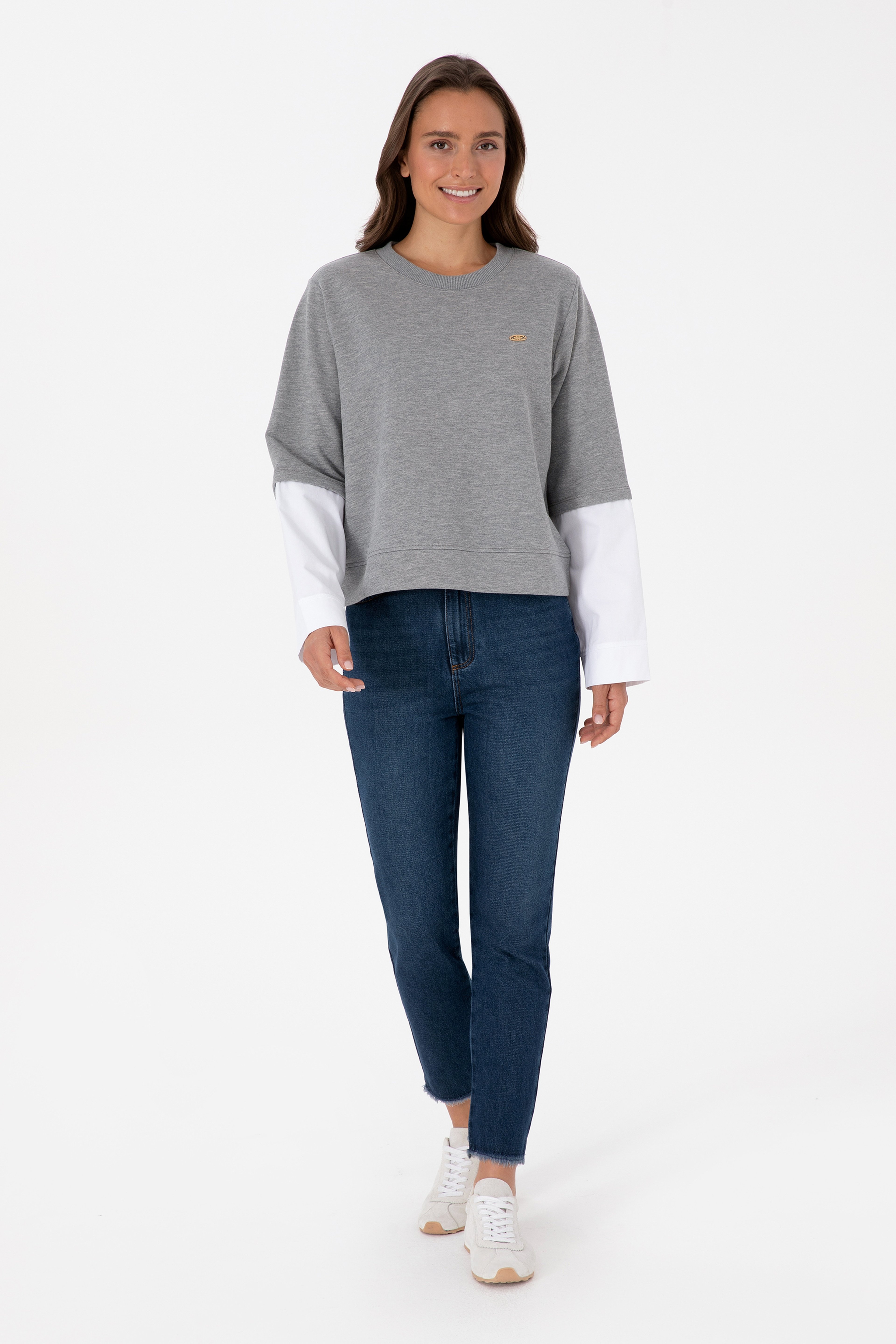 Kadın Gri Melanj Gömlek Detaylı Bisiklet Yaka Sweatshirt