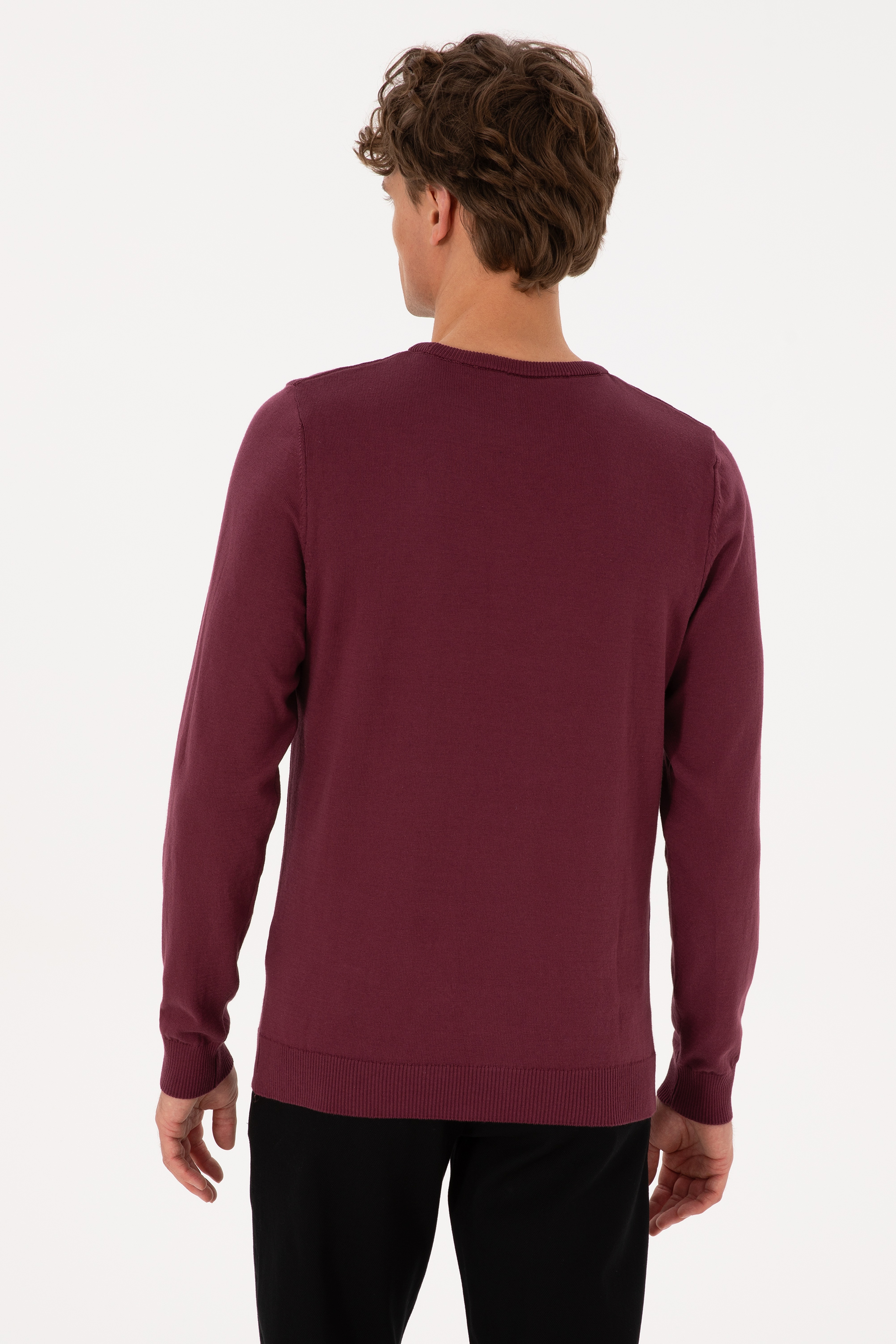 Erkek Slim Fit Bisiklet Yaka Bordo Basic Kazak - Image 5