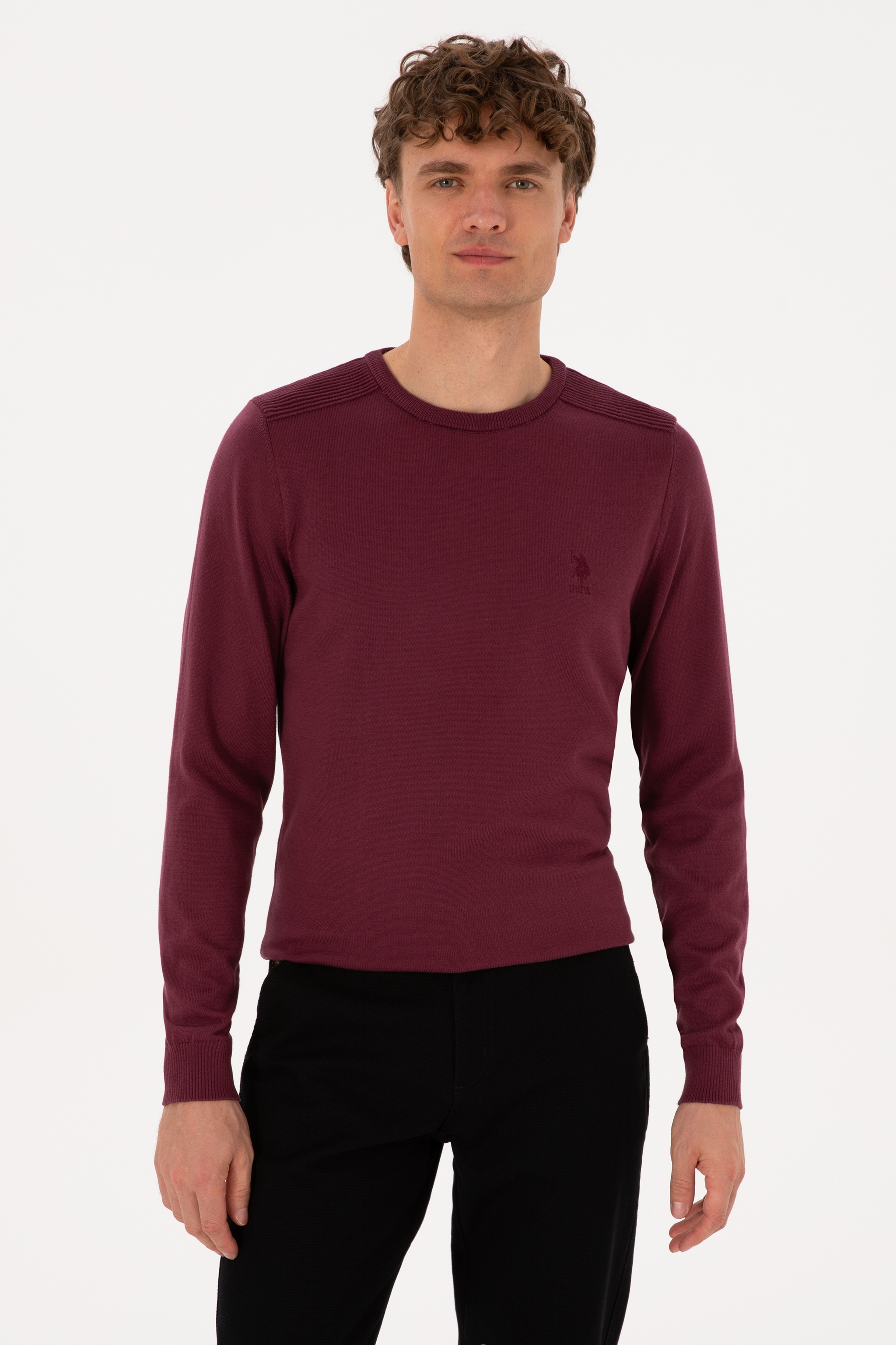 Erkek Slim Fit Bisiklet Yaka Bordo Basic Kazak