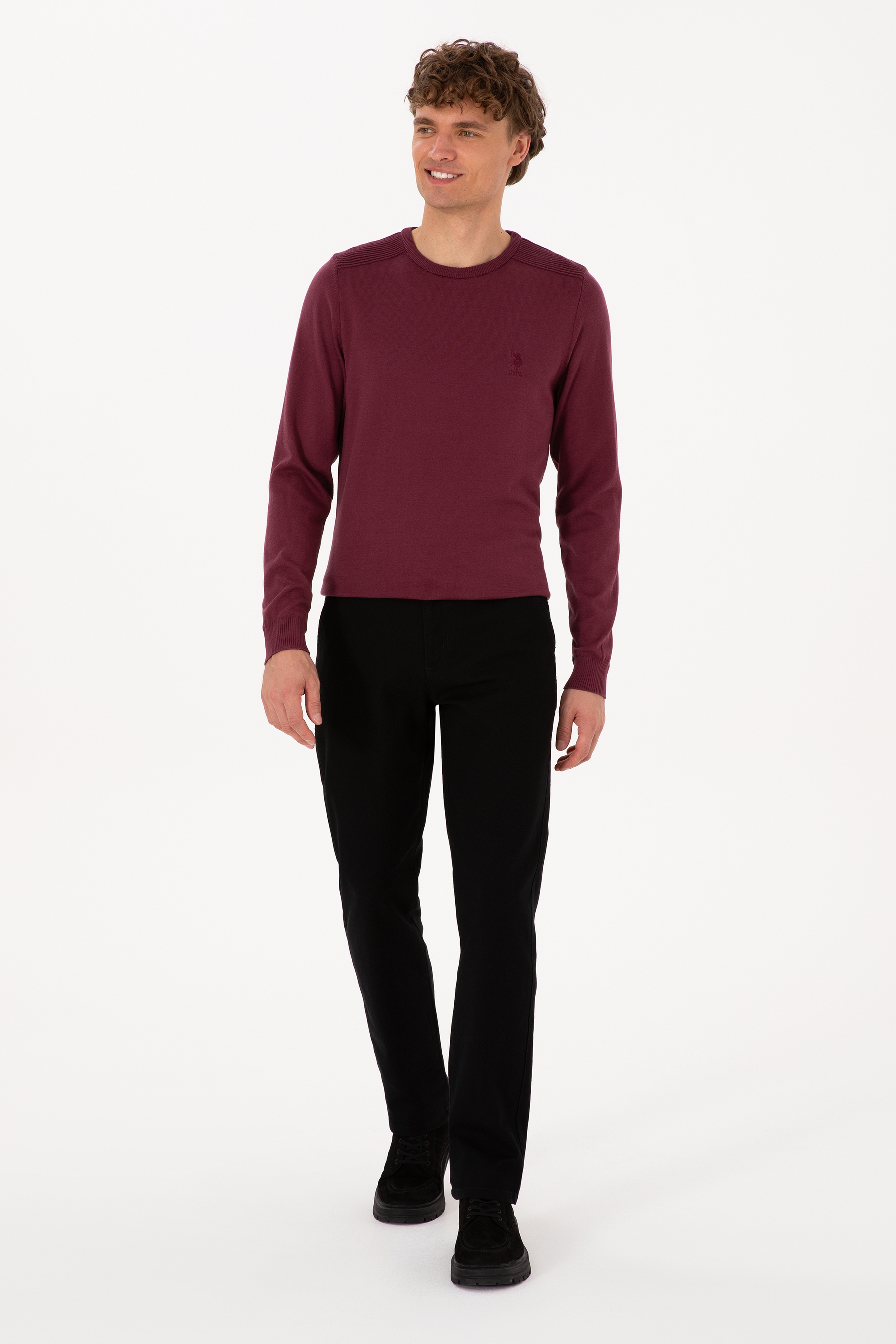 Erkek Slim Fit Bisiklet Yaka Bordo Basic Kazak - Image 4