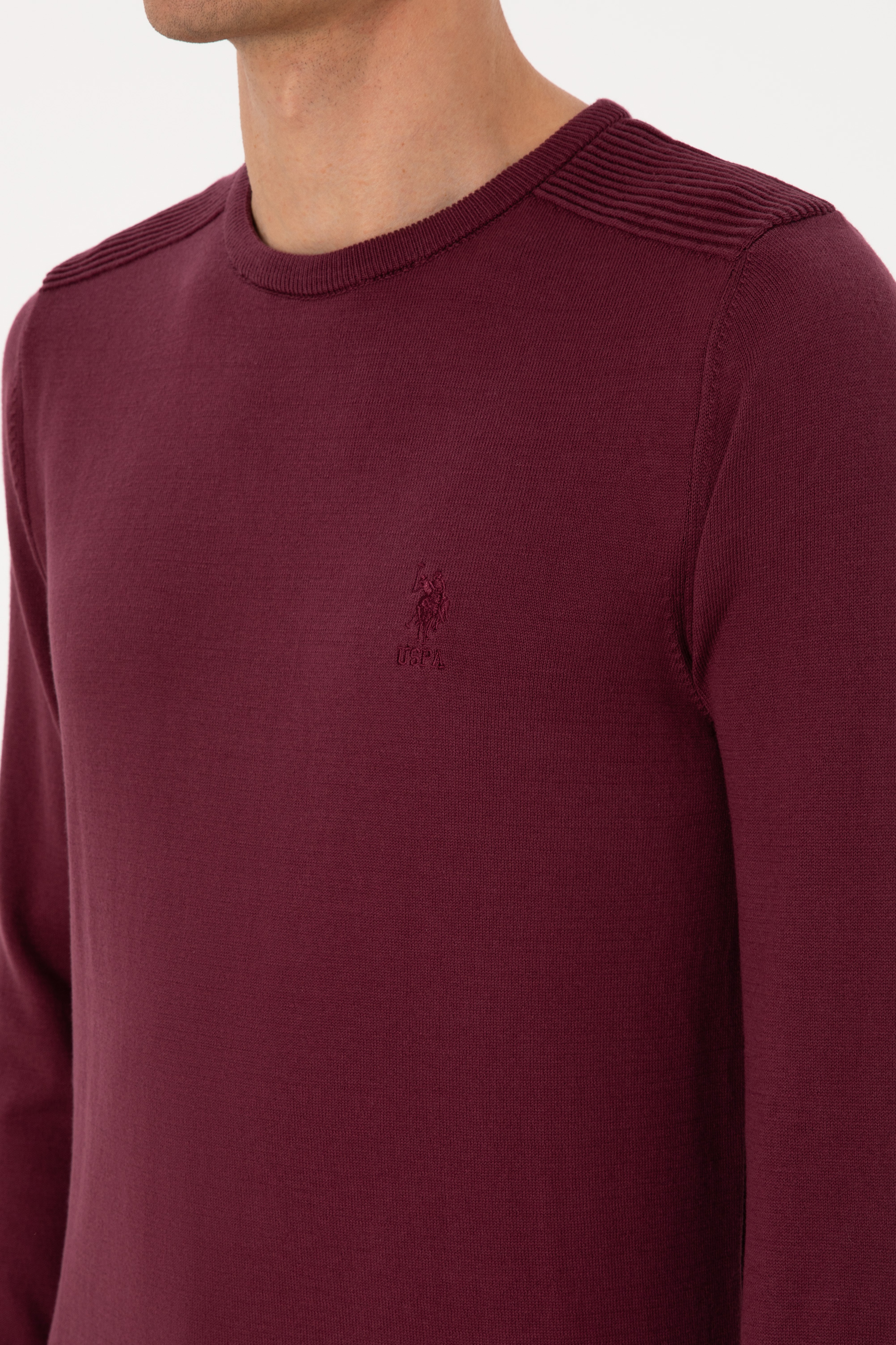 Erkek Slim Fit Bisiklet Yaka Bordo Basic Kazak