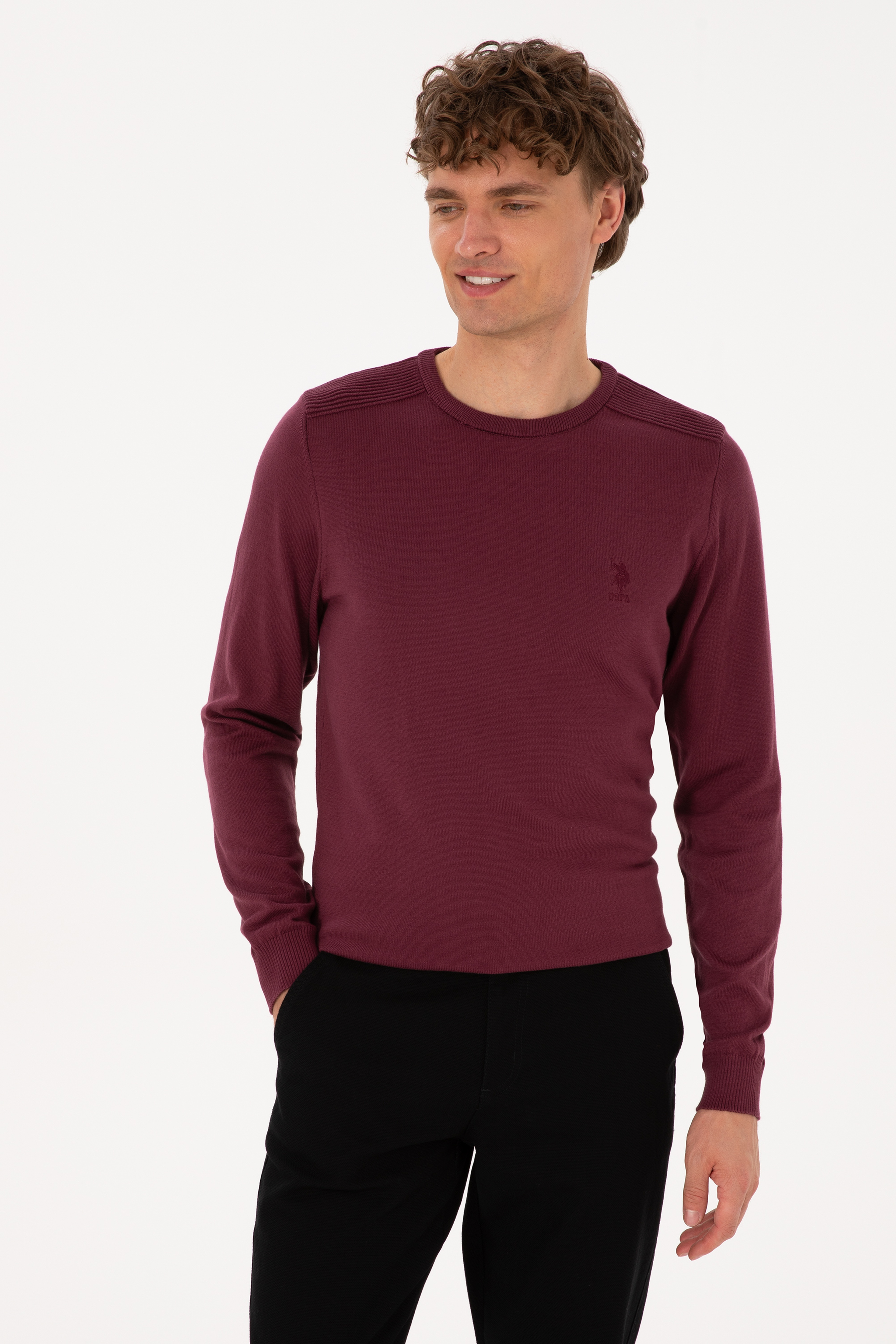 Erkek Slim Fit Bisiklet Yaka Bordo Basic Kazak