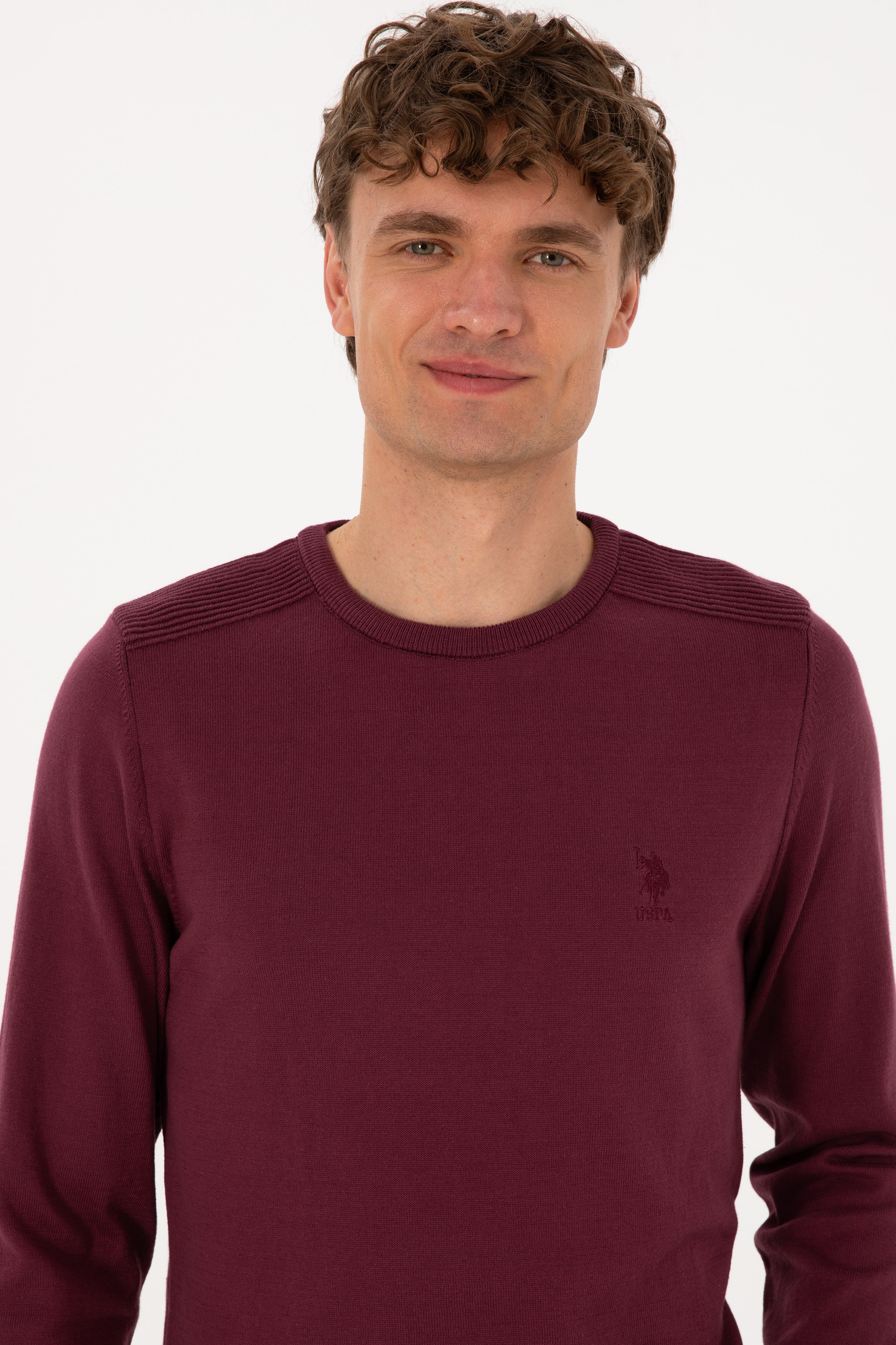 Erkek Slim Fit Bisiklet Yaka Bordo Basic Kazak