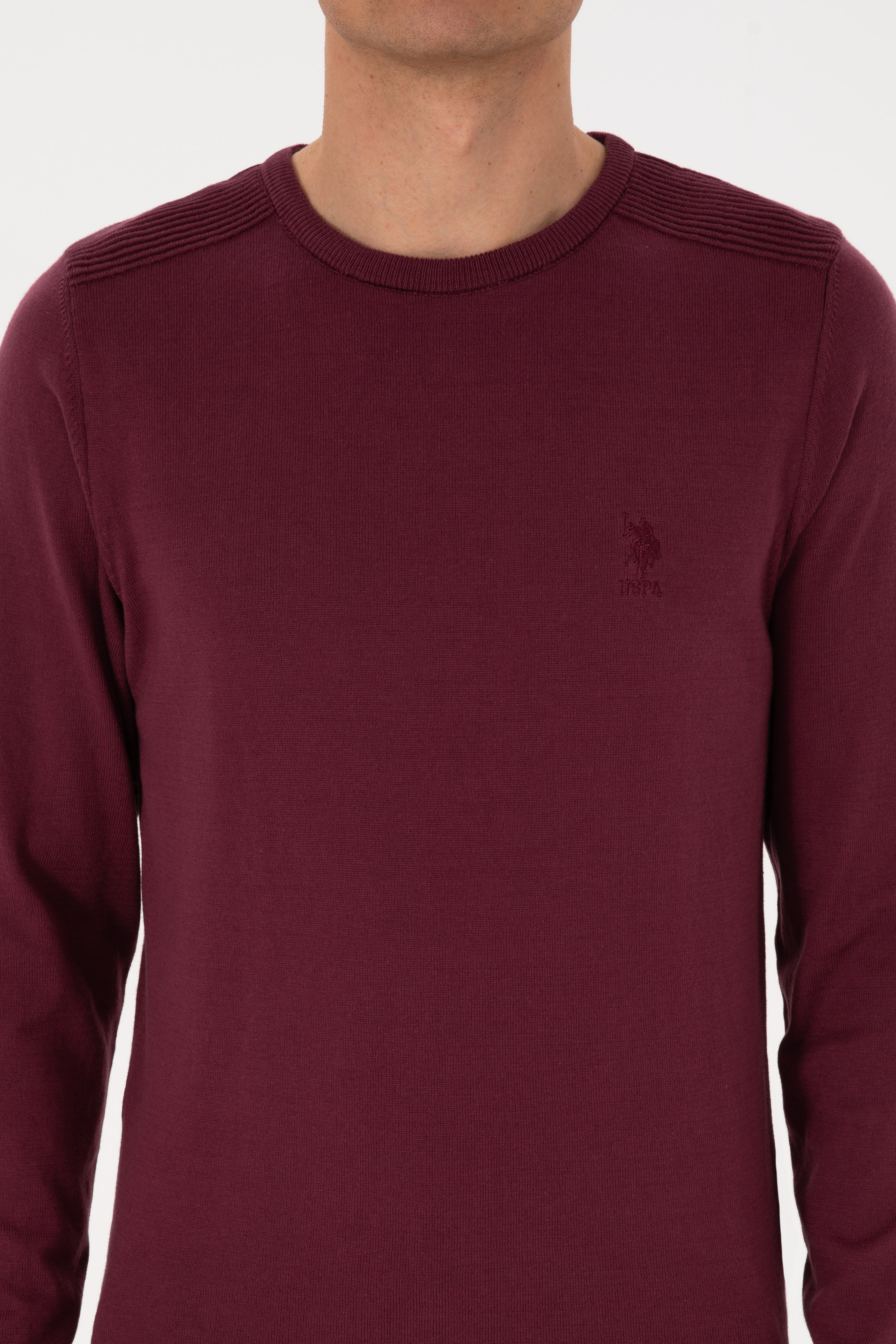 Erkek Slim Fit Bisiklet Yaka Bordo Basic Kazak