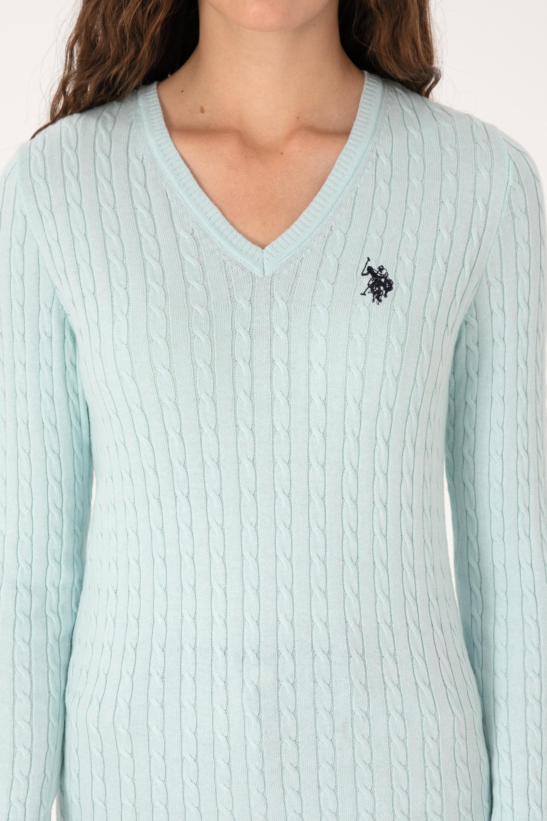 Kadın Mint V Yaka Basic Kazak