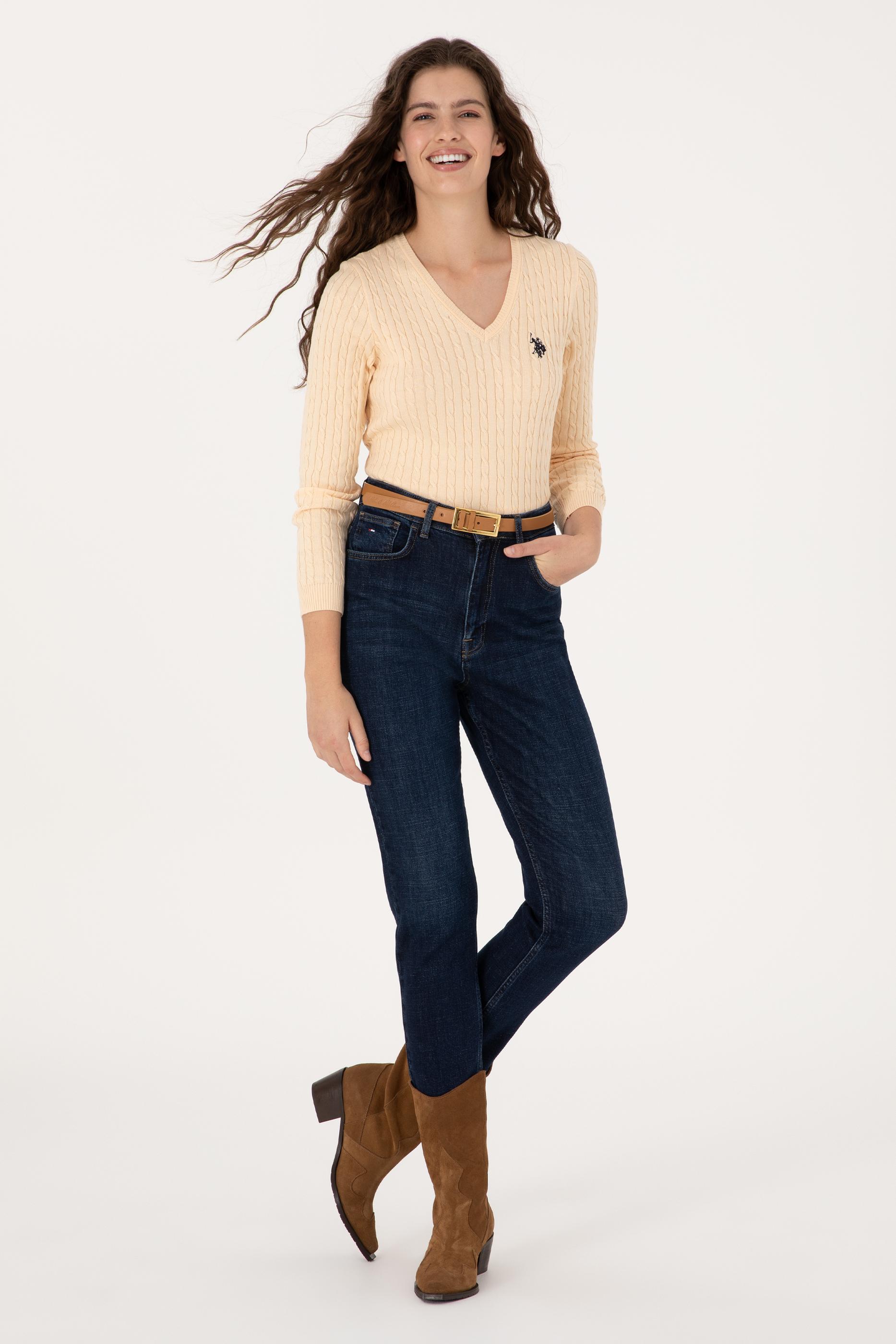 Kadın Yavruağzı V yaka Basic Kazak