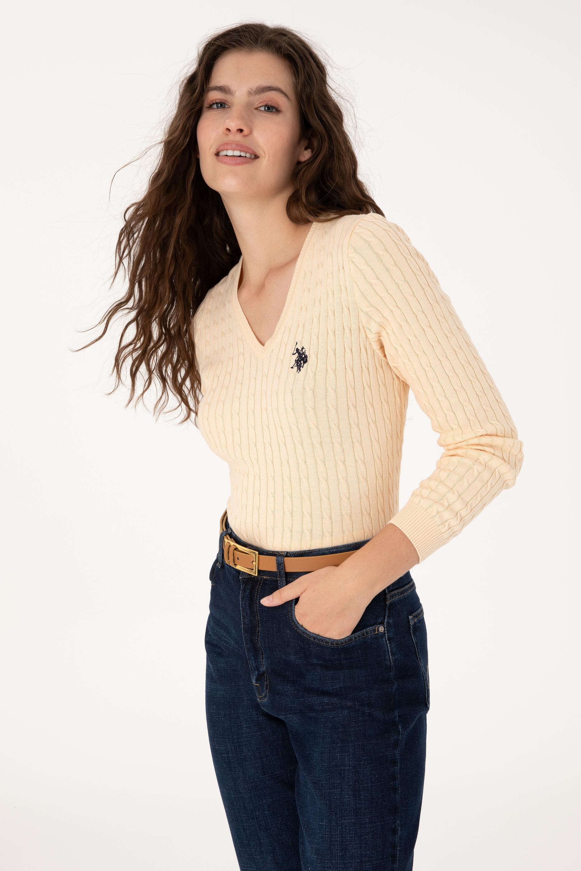 Kadın Yavruağzı V yaka Basic Kazak