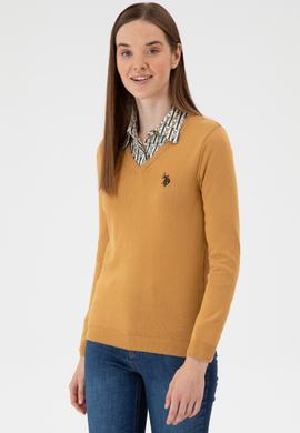 Kadın Camel V Yaka Basic Kazak - 50313590125