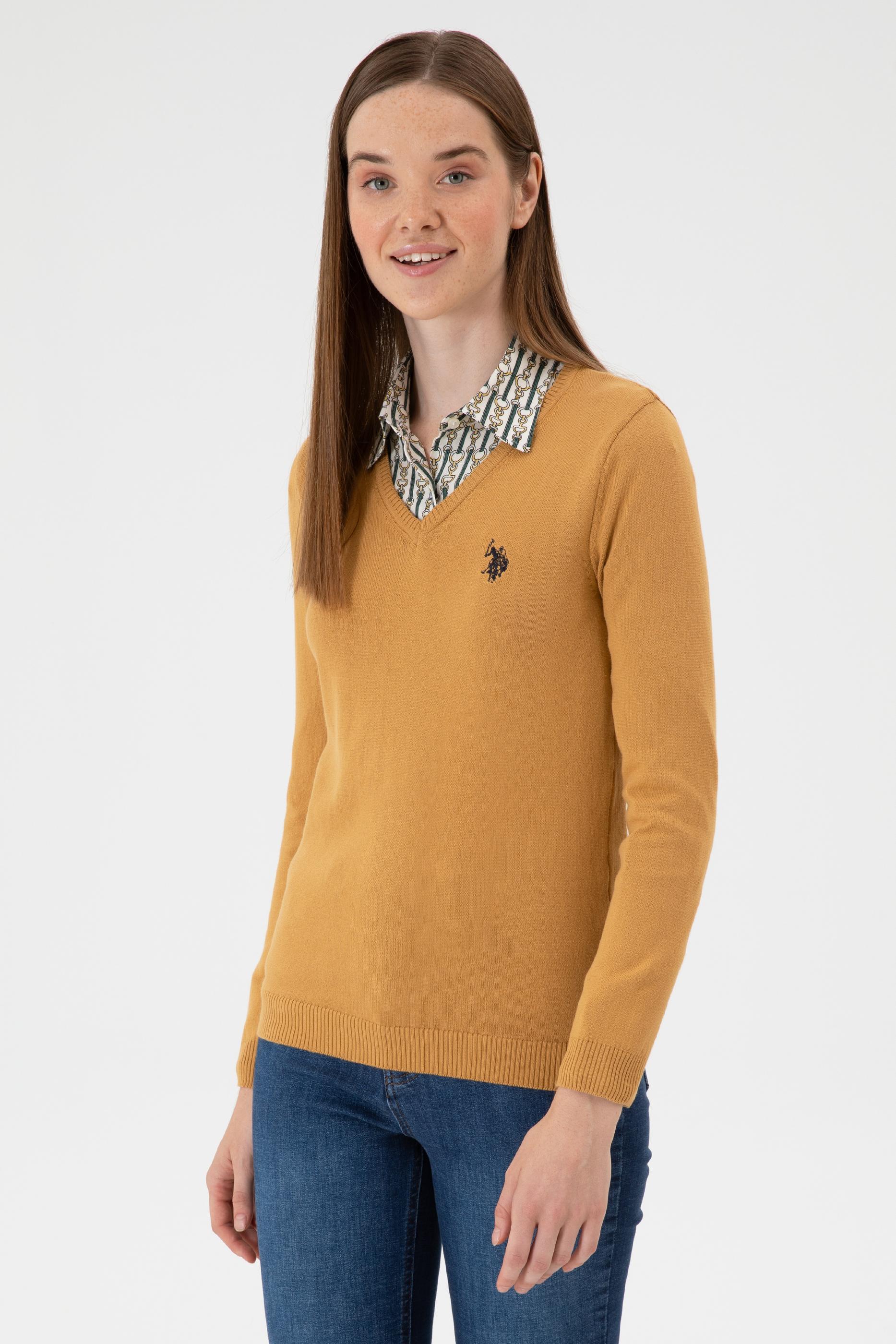 Kadın Camel V Yaka Basic Kazak