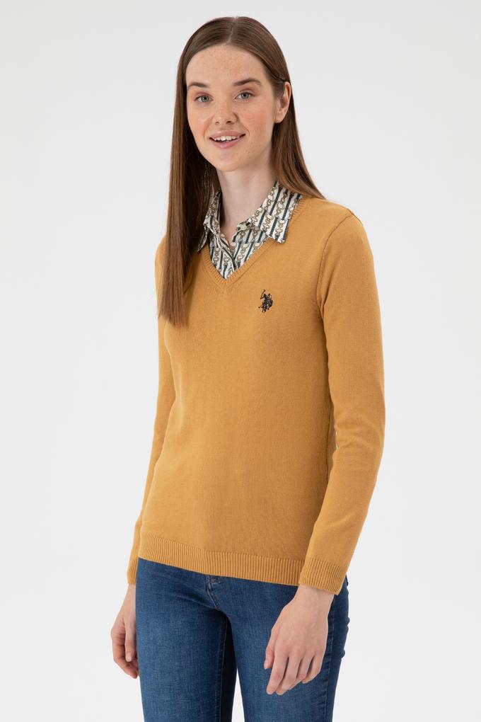 Kadın Camel V Yaka Basic Kazak