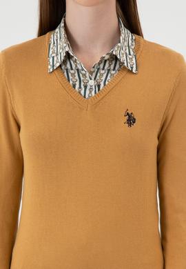 Kadın Camel V Yaka Basic Kazak - 50313590125