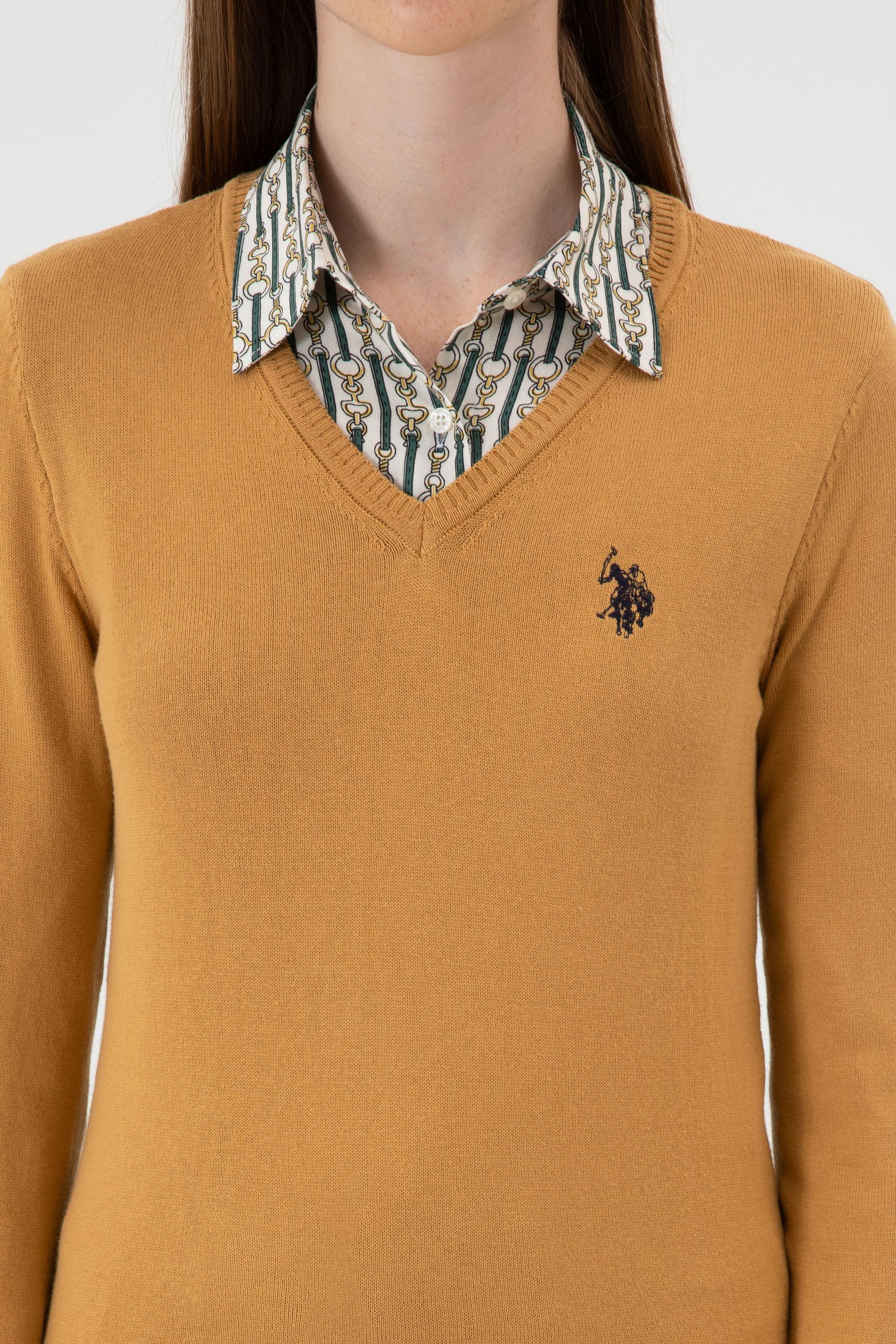 Kadın Camel V Yaka Basic Kazak