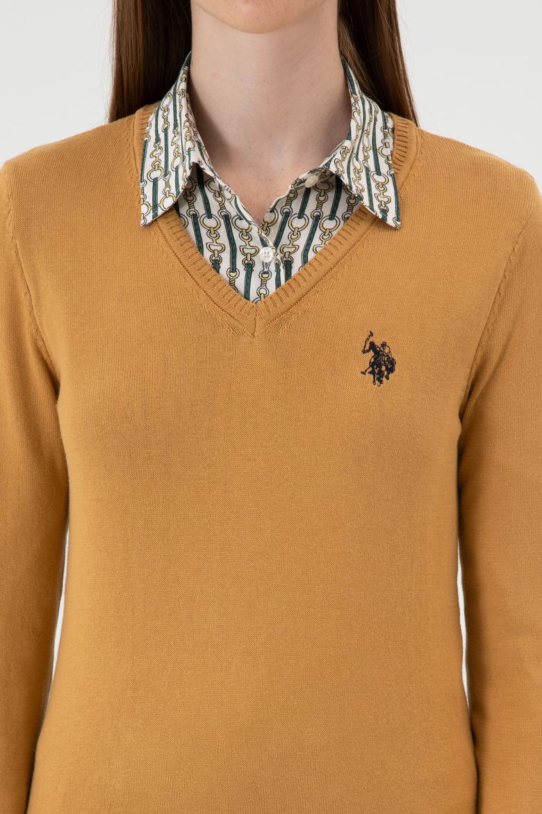 Kadın Camel V Yaka Basic Kazak - 50313590125