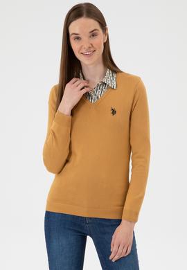 Kadın Camel V Yaka Basic Kazak - 50313590125