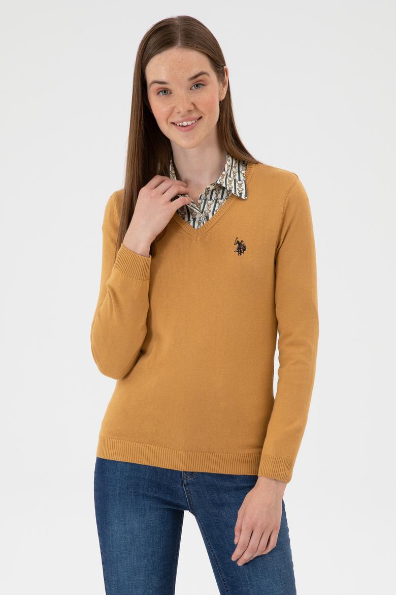 Kadın Camel V Yaka Basic Kazak - 50313590125