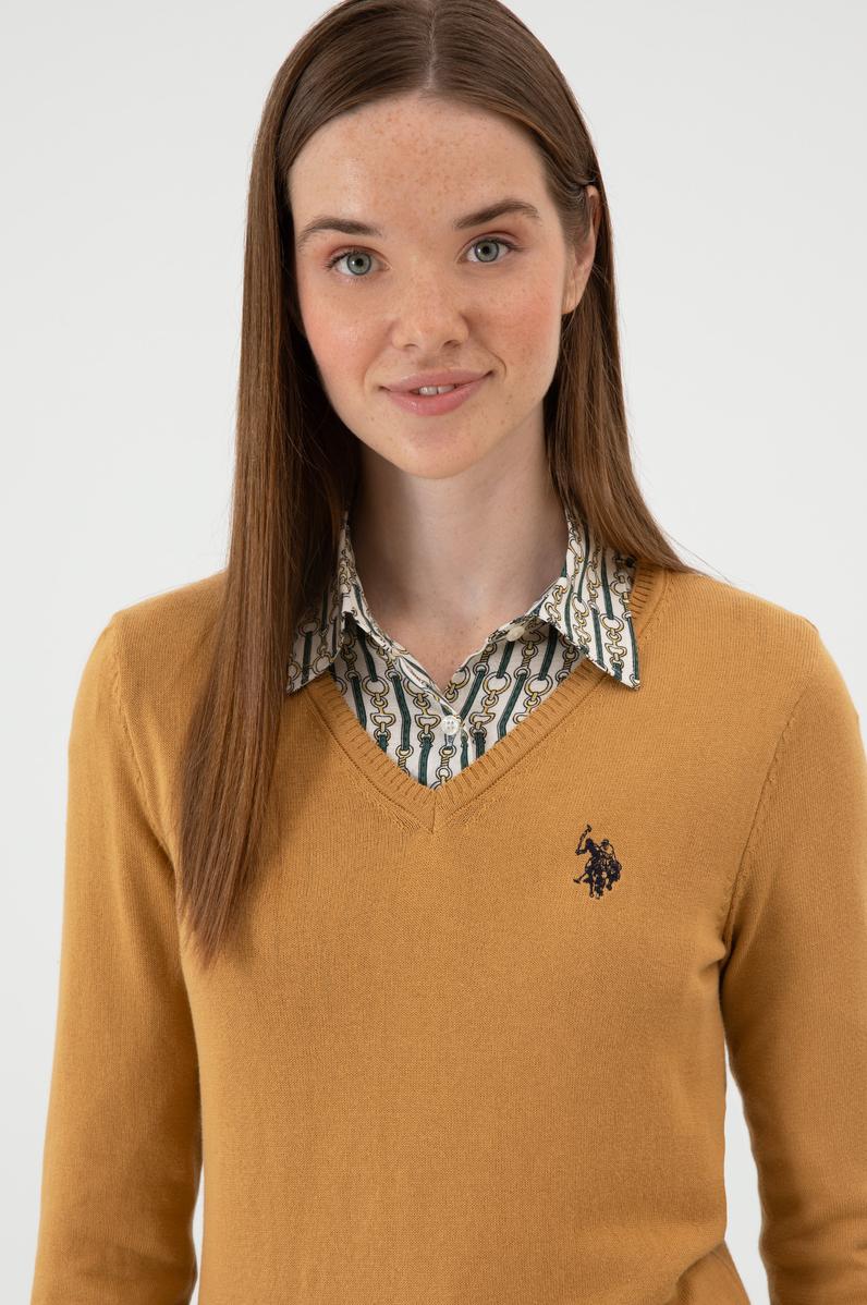 Kadın Camel V Yaka Basic Kazak