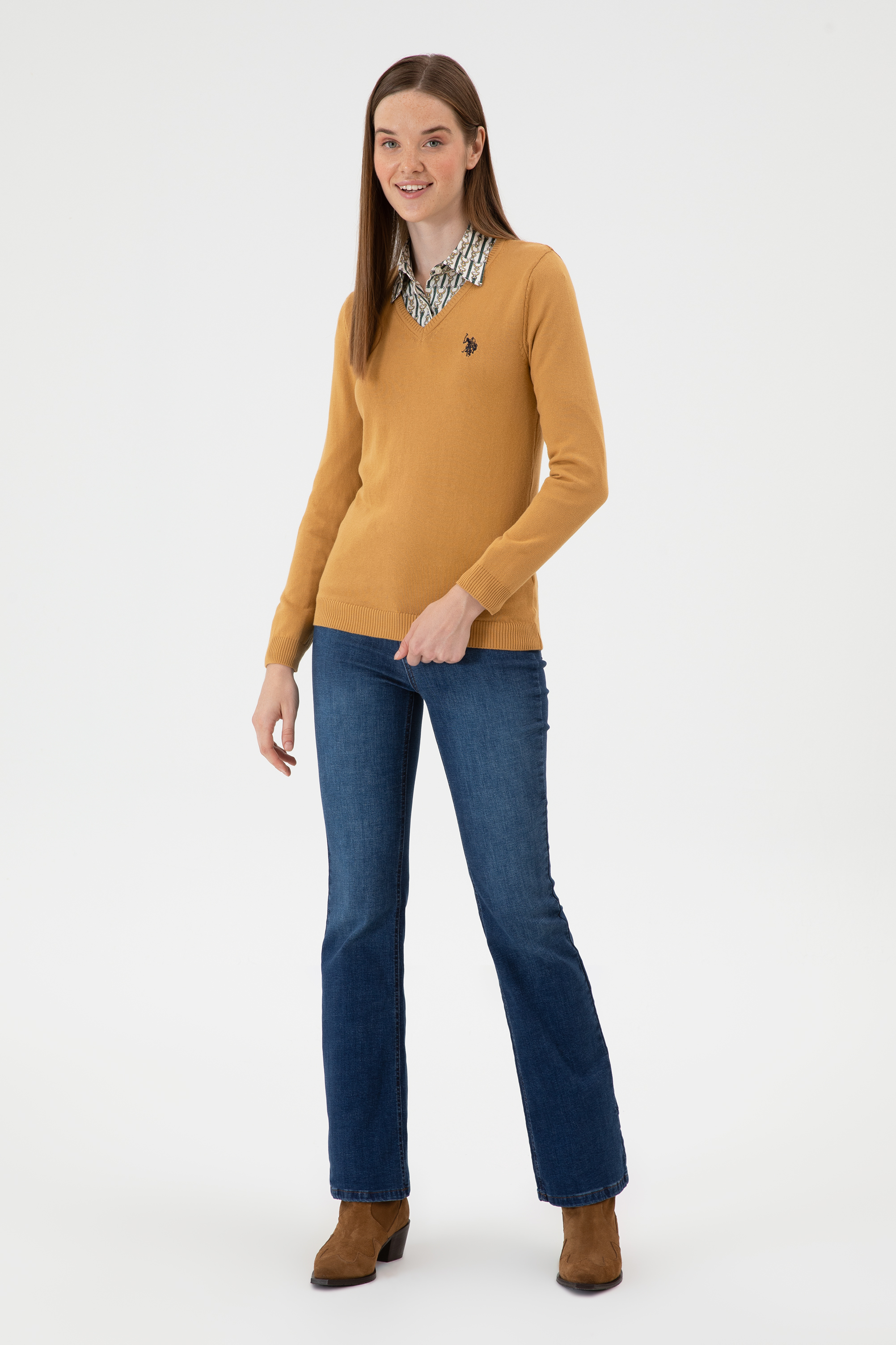 Kadın Camel V Yaka Basic Kazak - Image 4