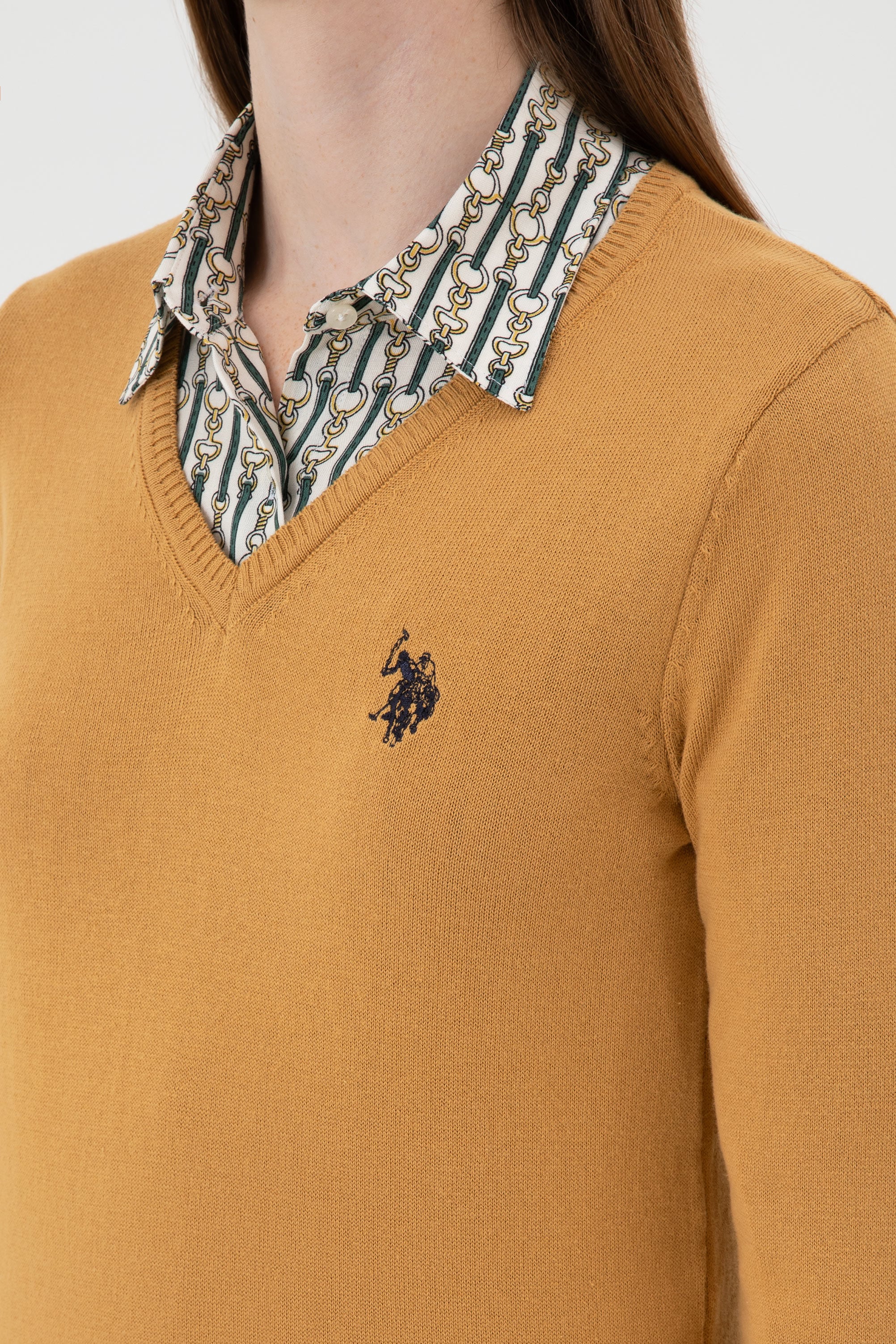 Kadın Camel V Yaka Basic Kazak