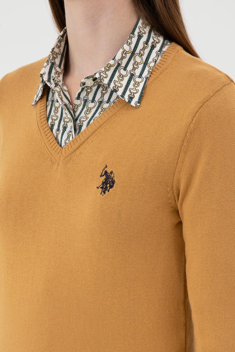 Kadın Camel V Yaka Basic Kazak - 50313590125