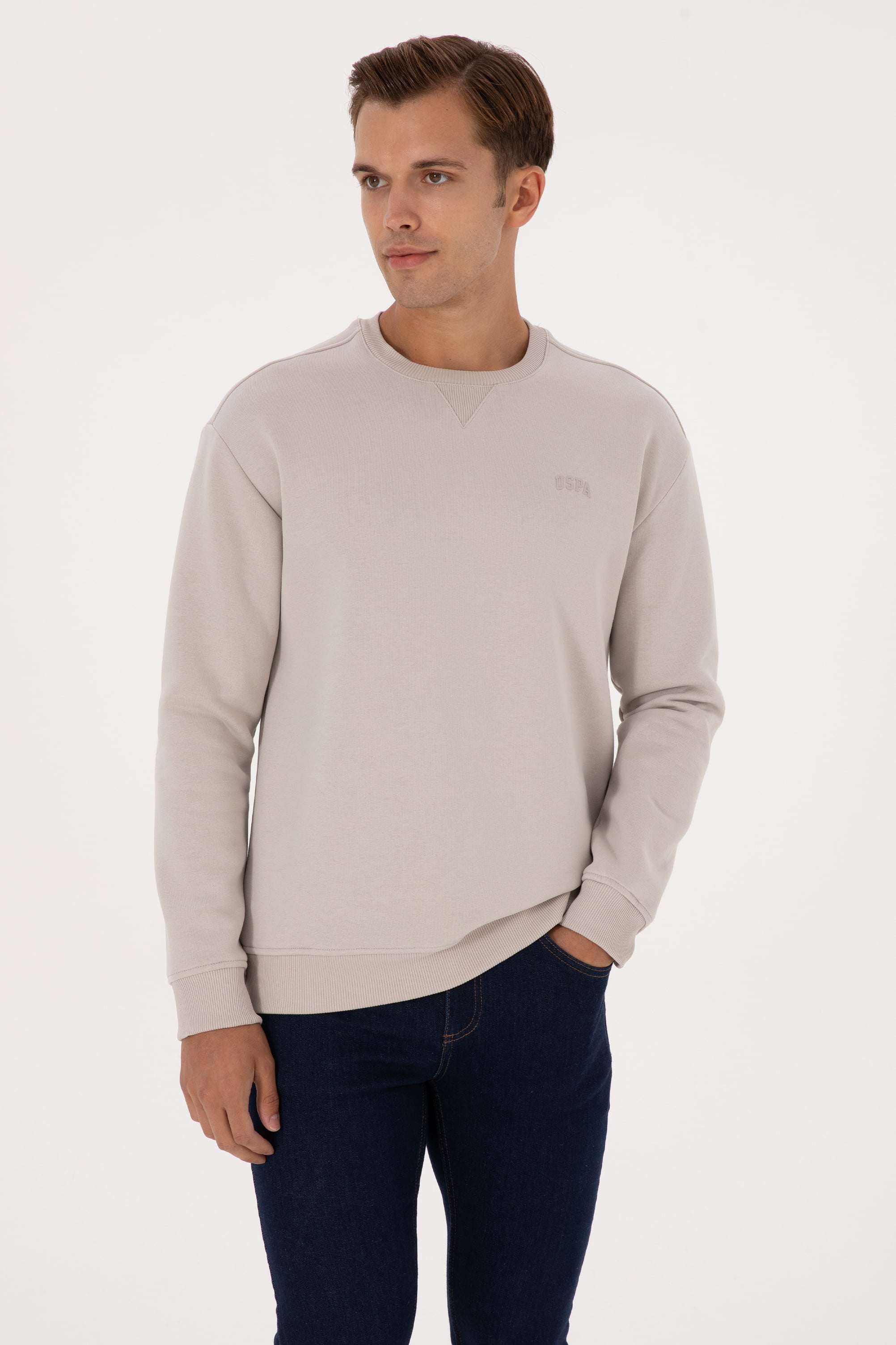 Erkek Comfort Fit Bisiklet Yaka Şardonlu Taş Basic Sweatshirt - Image 1