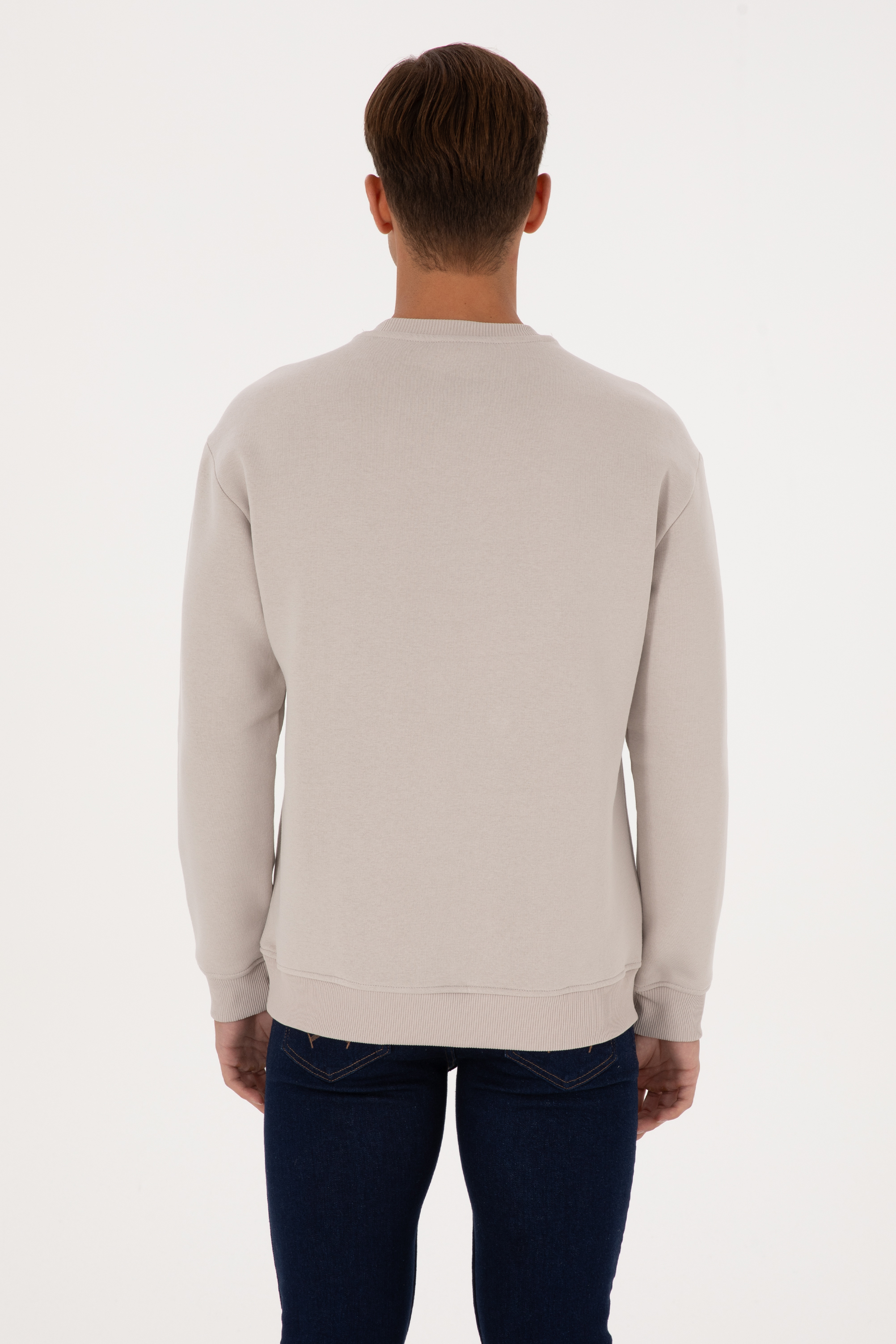 Erkek Comfort Fit Bisiklet Yaka Şardonlu Taş Basic Sweatshirt - Image 5