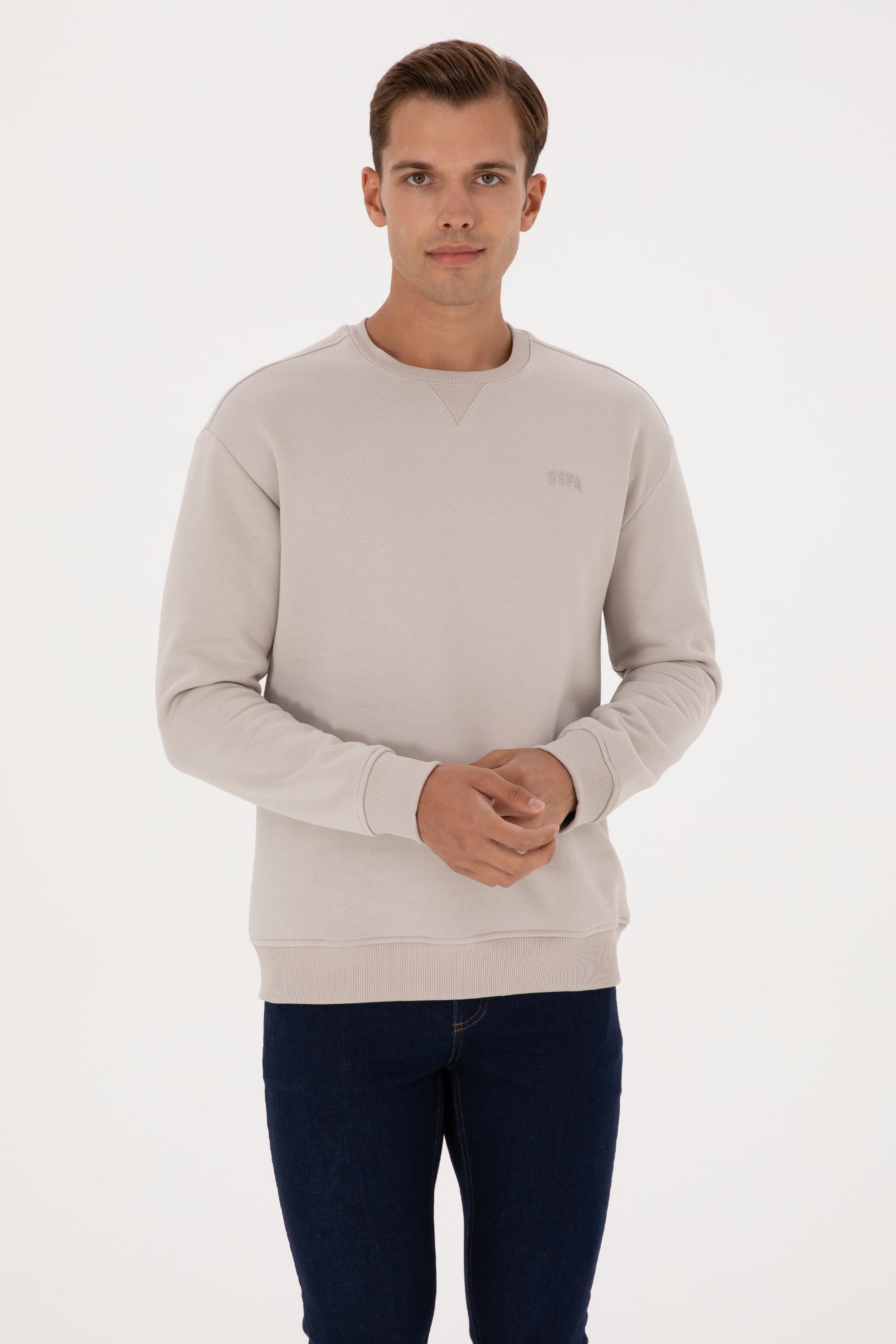 Erkek Comfort Fit Bisiklet Yaka Şardonlu Taş Basic Sweatshirt