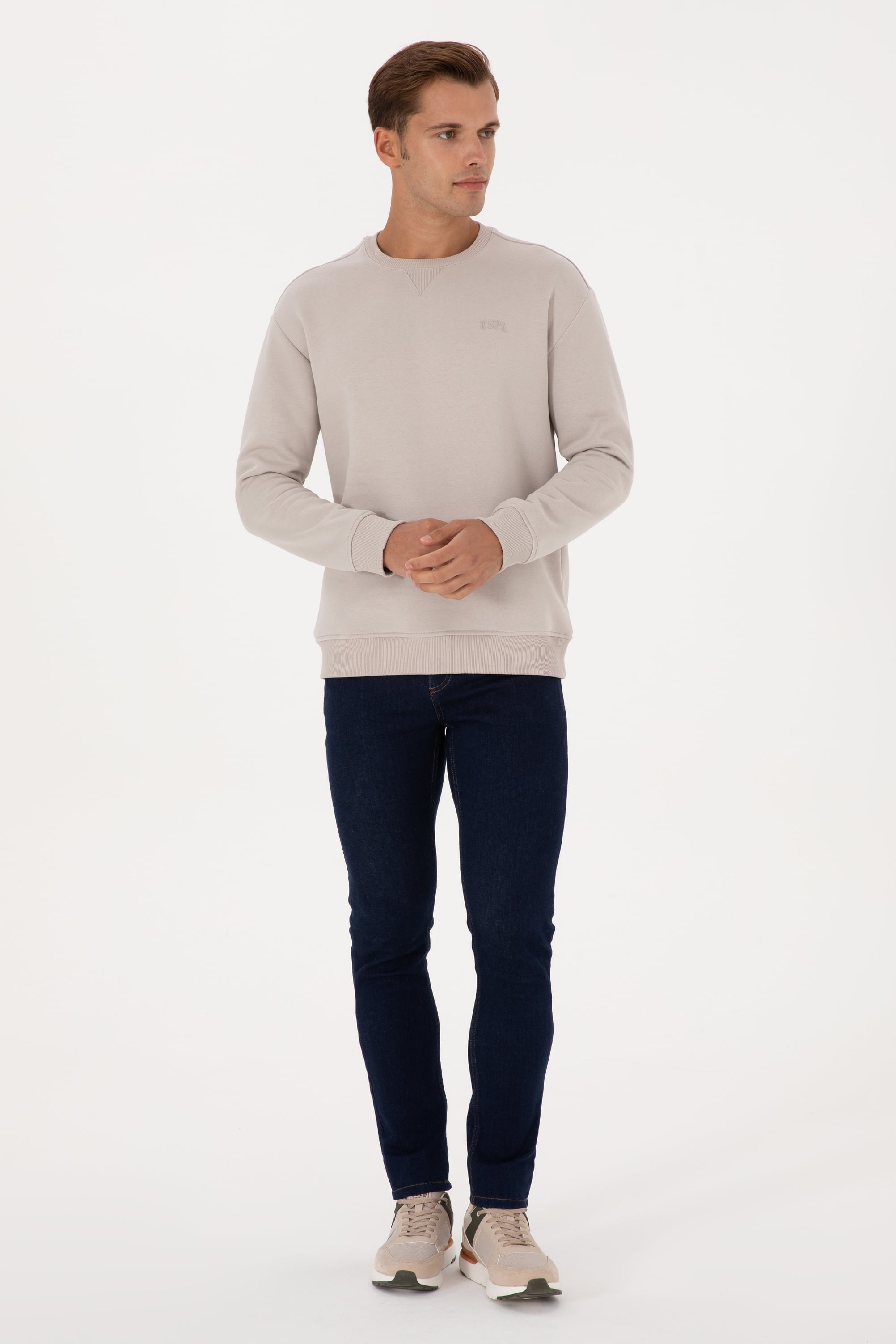 Erkek Comfort Fit Bisiklet Yaka Şardonlu Taş Basic Sweatshirt
