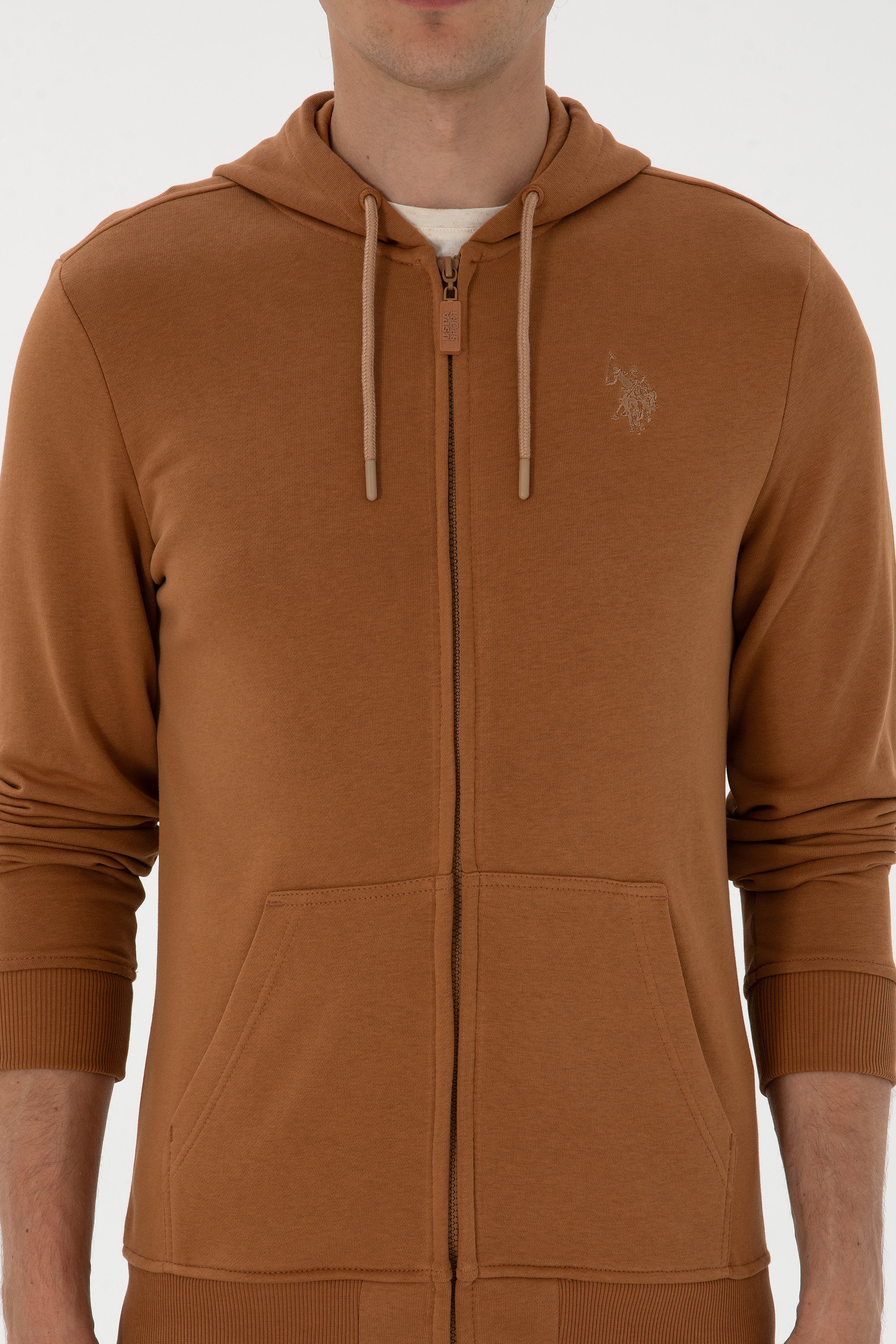 Erkek Regular Fit Fermuarlı Kapüşonlu Camel Örme Hırka