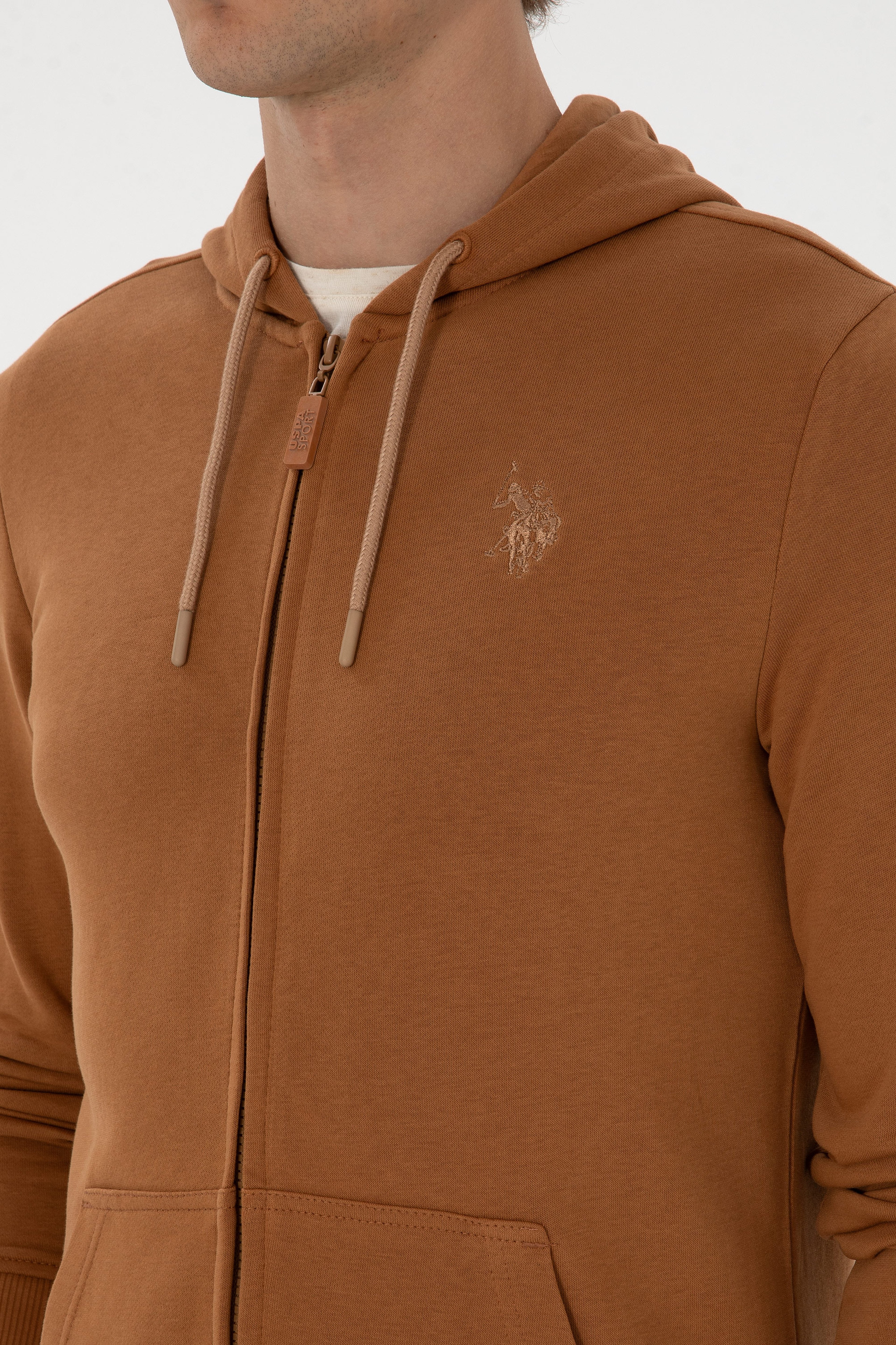 Erkek Regular Fit Fermuarlı Kapüşonlu Camel Örme Hırka - Image 7