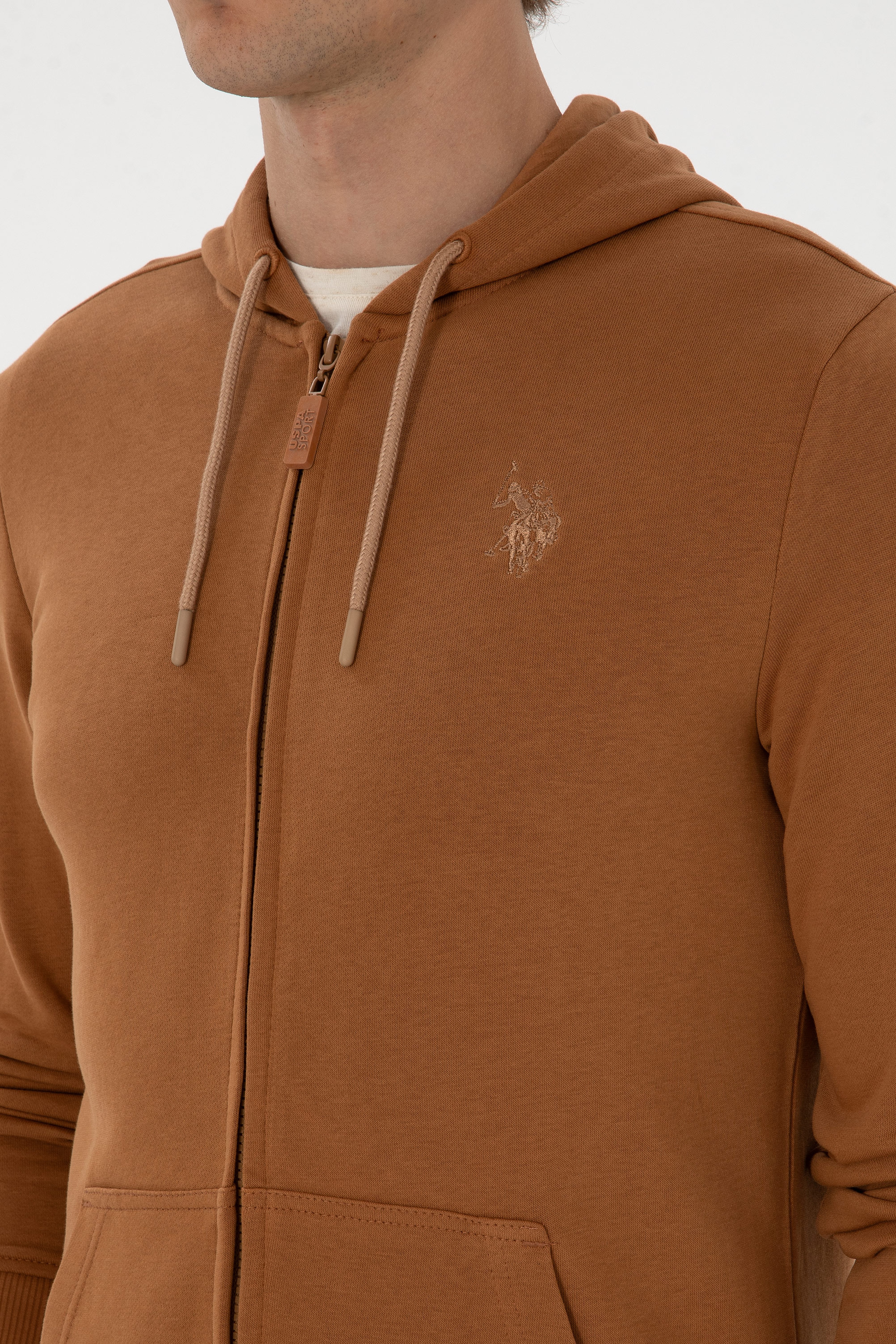 Erkek Regular Fit Fermuarlı Kapüşonlu Camel Örme Hırka