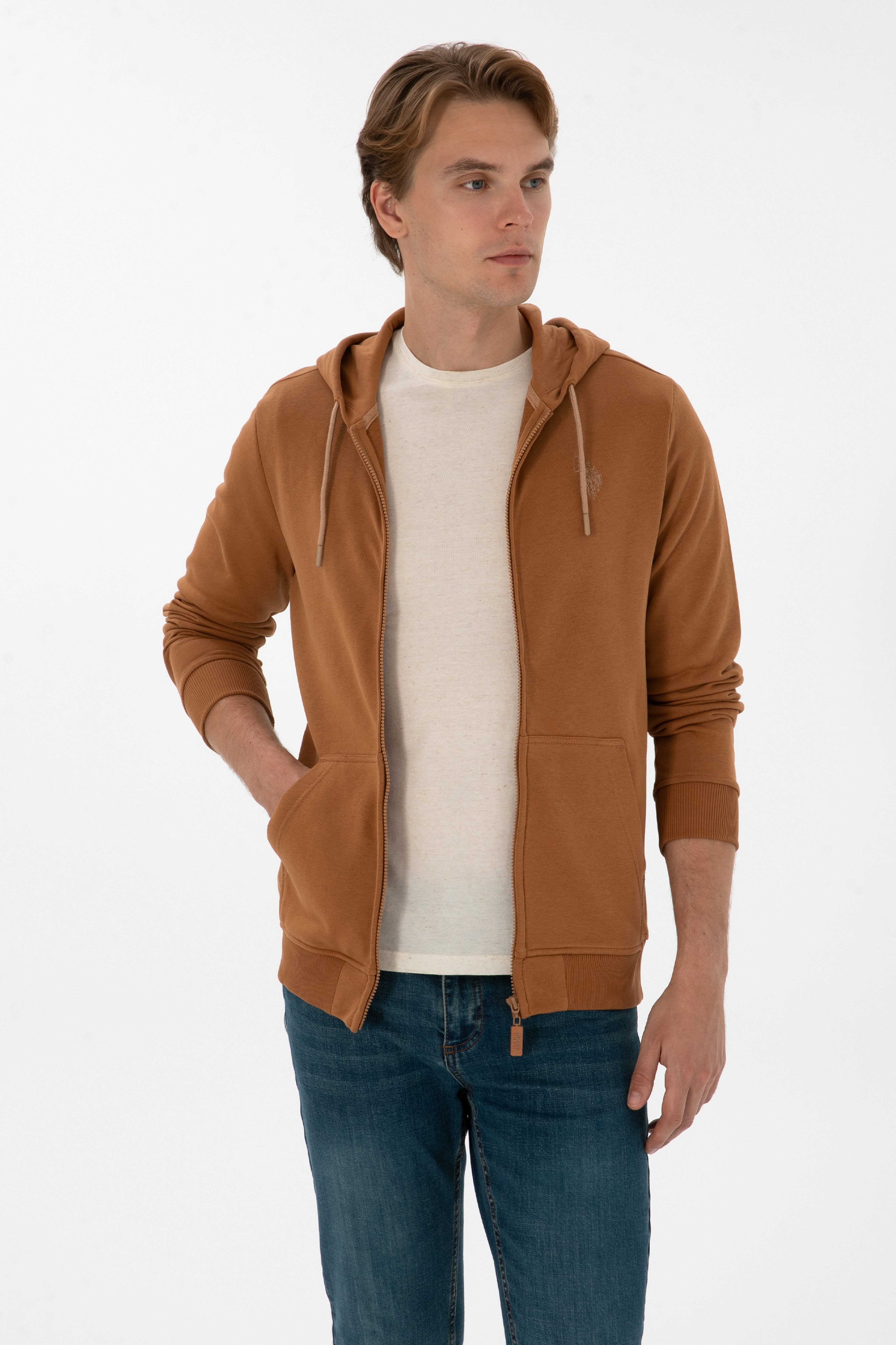 Erkek Regular Fit Fermuarlı Kapüşonlu Camel Örme Hırka - Image 3