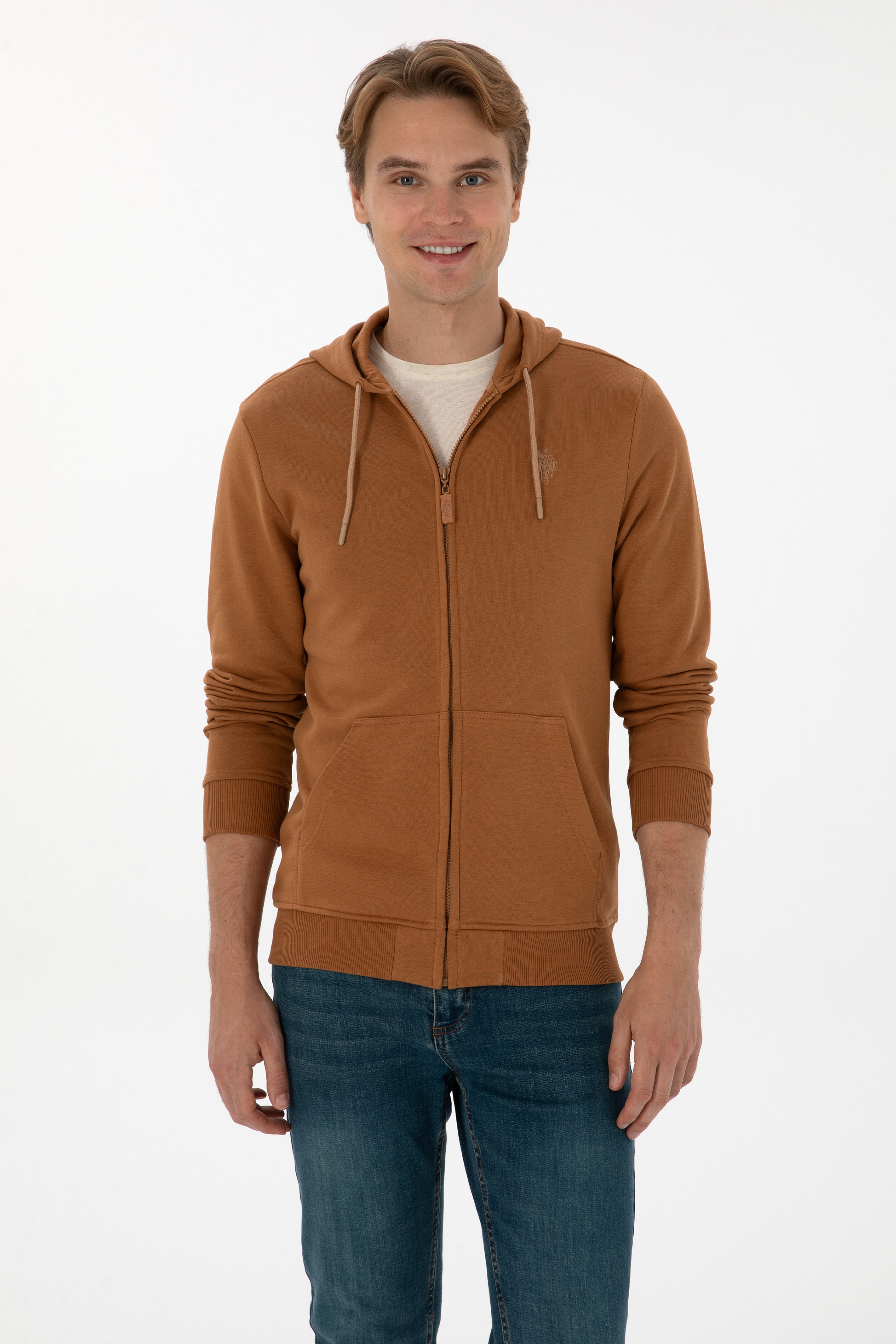 Erkek Regular Fit Fermuarlı Kapüşonlu Camel Örme Hırka - Image 1