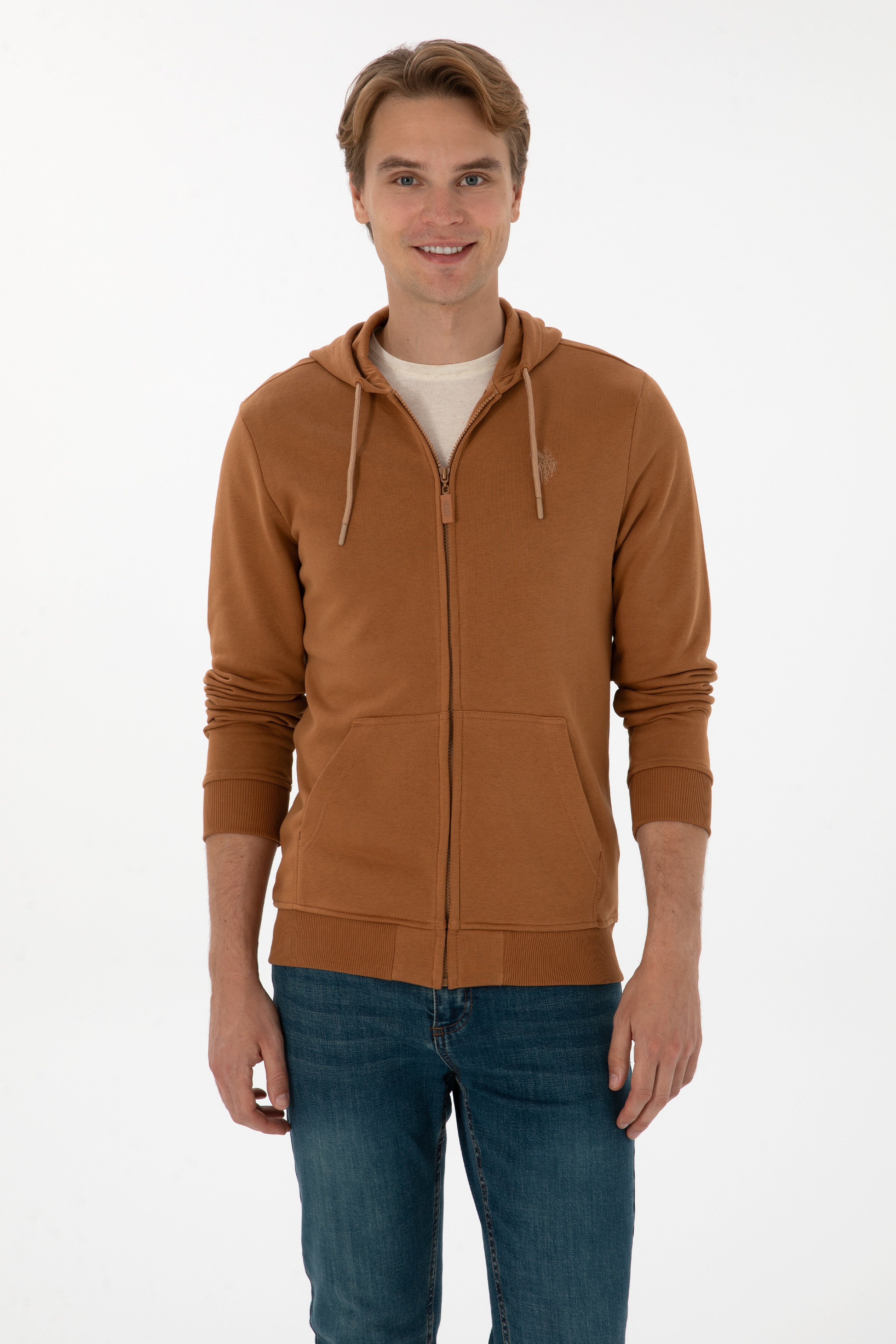 Erkek Regular Fit Fermuarlı Kapüşonlu Camel Örme Hırka