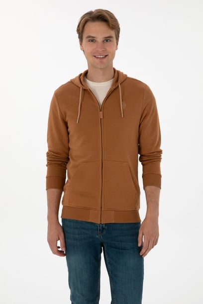 Erkek Regular Fit Fermuarlı Kapüşonlu Camel Örme Hırka