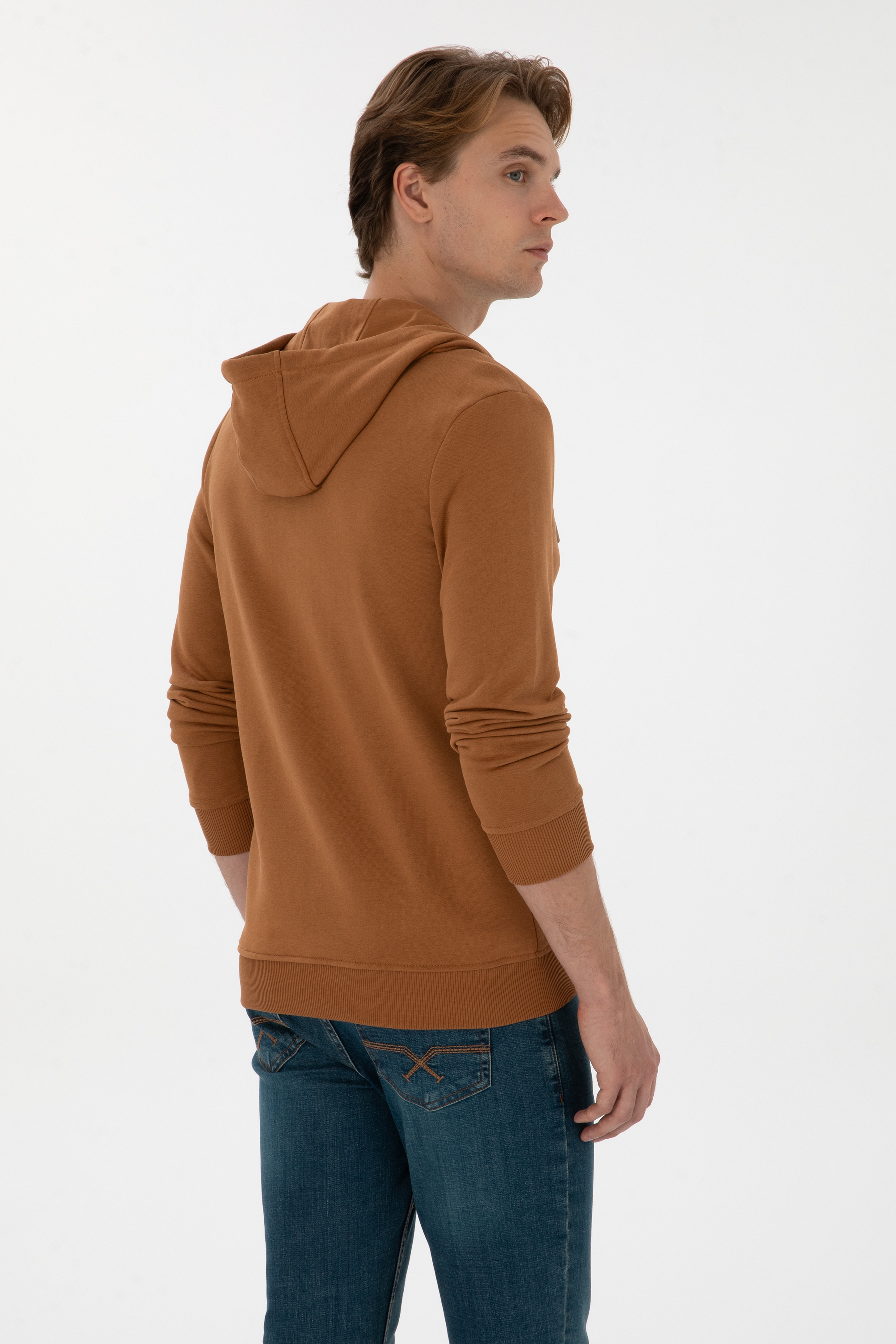 Erkek Regular Fit Fermuarlı Kapüşonlu Camel Örme Hırka
