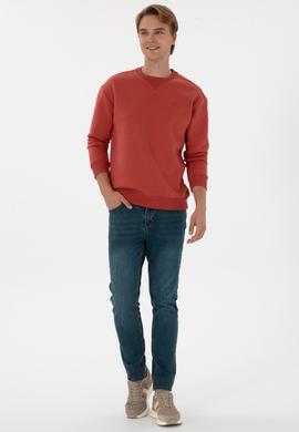 Erkek Comfort Fit Bisiklet Yaka Şardonlu Gül Kurusu Basic Sweatshirt - 50313757218