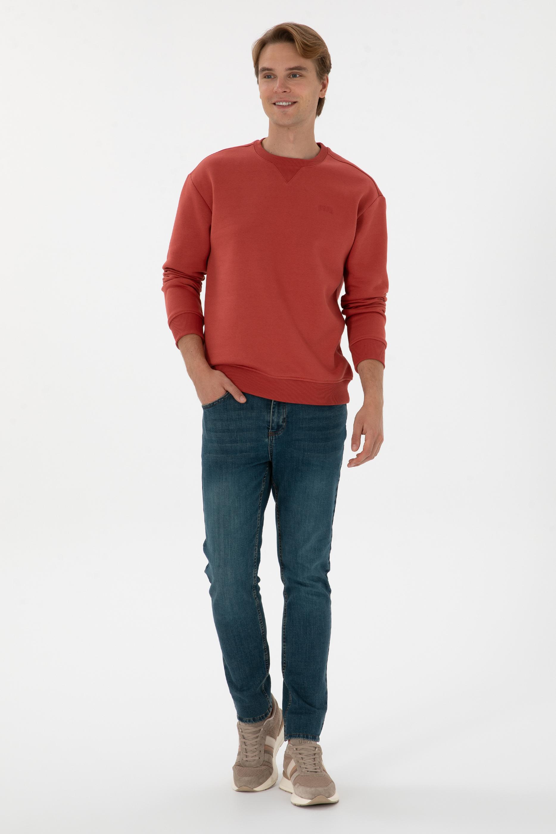 Erkek Comfort Fit Bisiklet Yaka Şardonlu Gül Kurusu Basic Sweatshirt