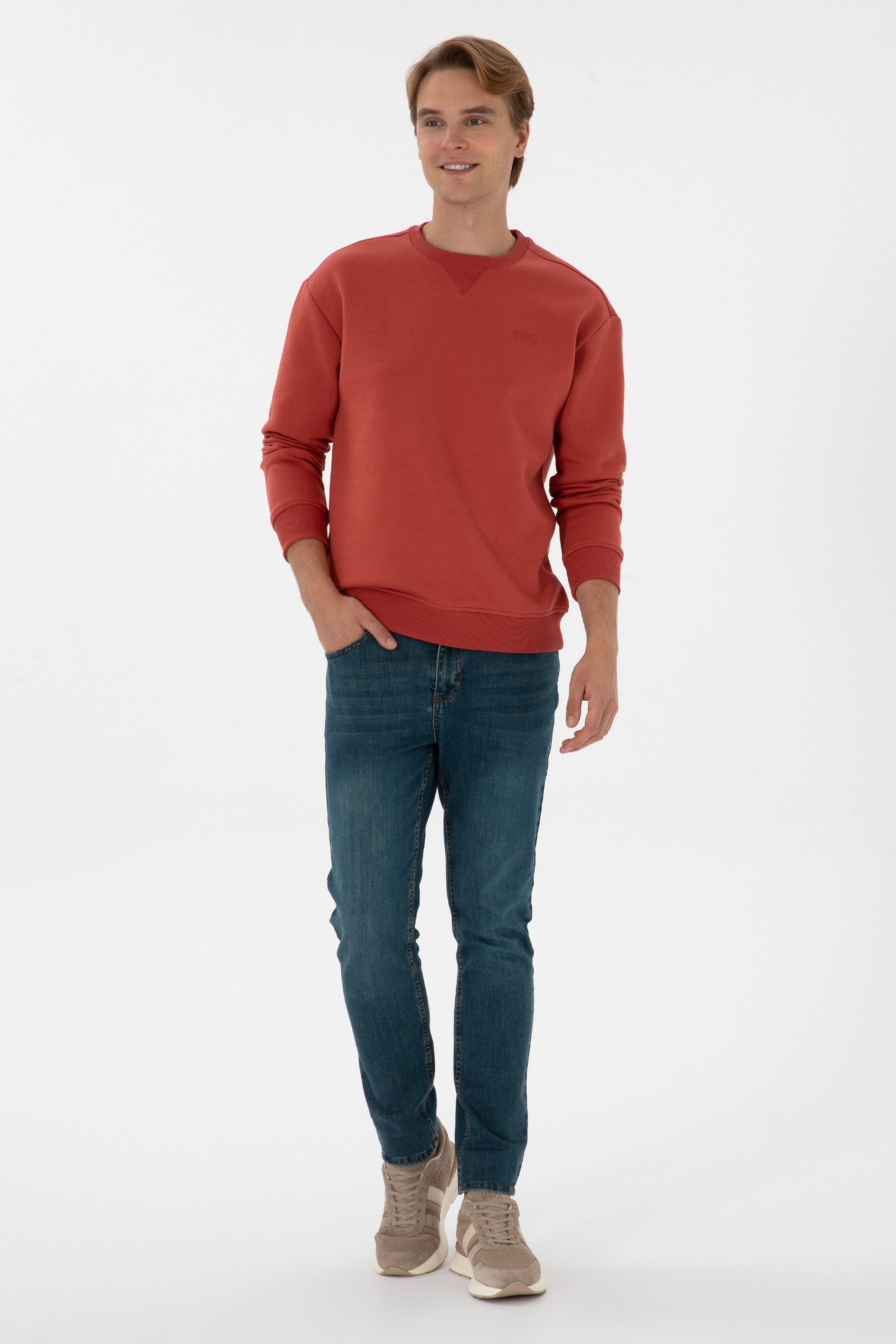 Erkek Comfort Fit Bisiklet Yaka Şardonlu Gül Kurusu Basic Sweatshirt - Image 4