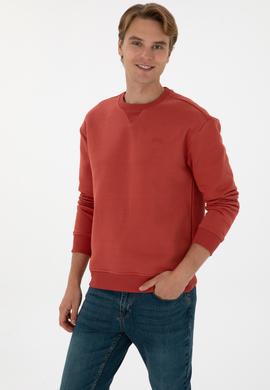 Erkek Comfort Fit Bisiklet Yaka Şardonlu Gül Kurusu Basic Sweatshirt - 50313757218