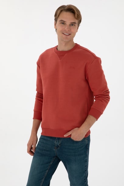 Erkek Comfort Fit Bisiklet Yaka Şardonlu Gül Kurusu Basic Sweatshirt